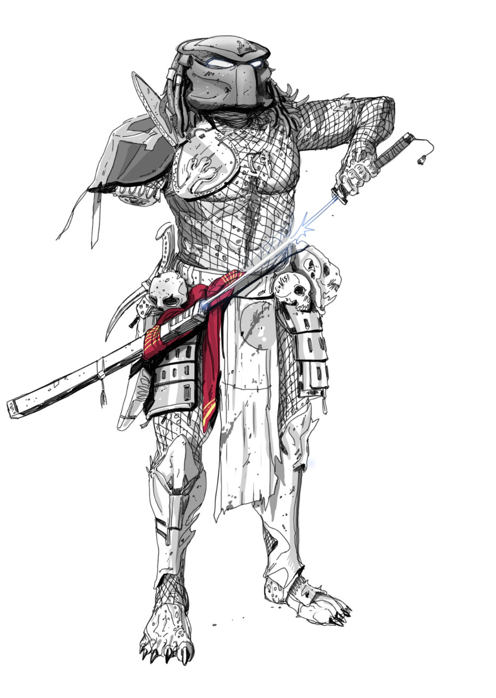 Dan Luvisi Predator Creature ArtStation Artwork Skull Sword Weapon White Background Simple Backgroun 1000x1409