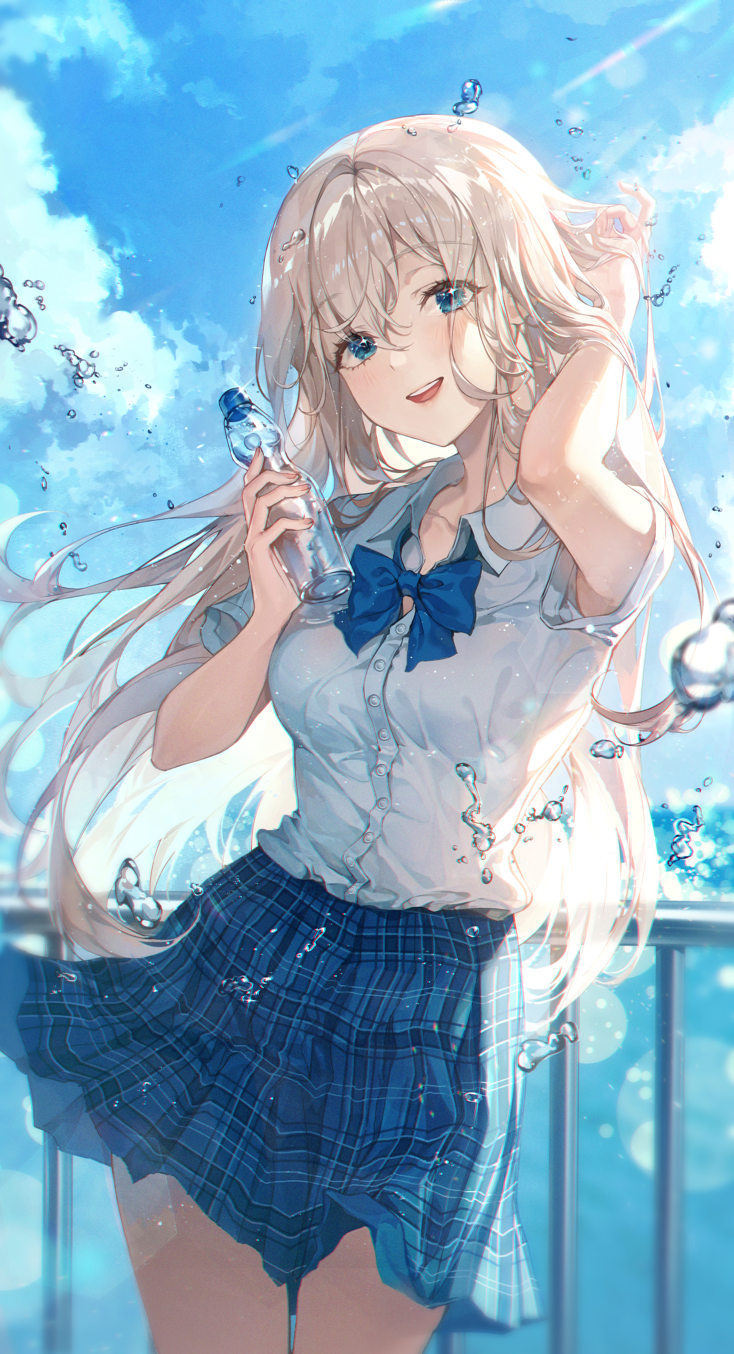 Anime Girls Anime Original Characters Blonde Bangs Blue Eyes Looking At Viewer Water Bottle Summer W 1497x2762