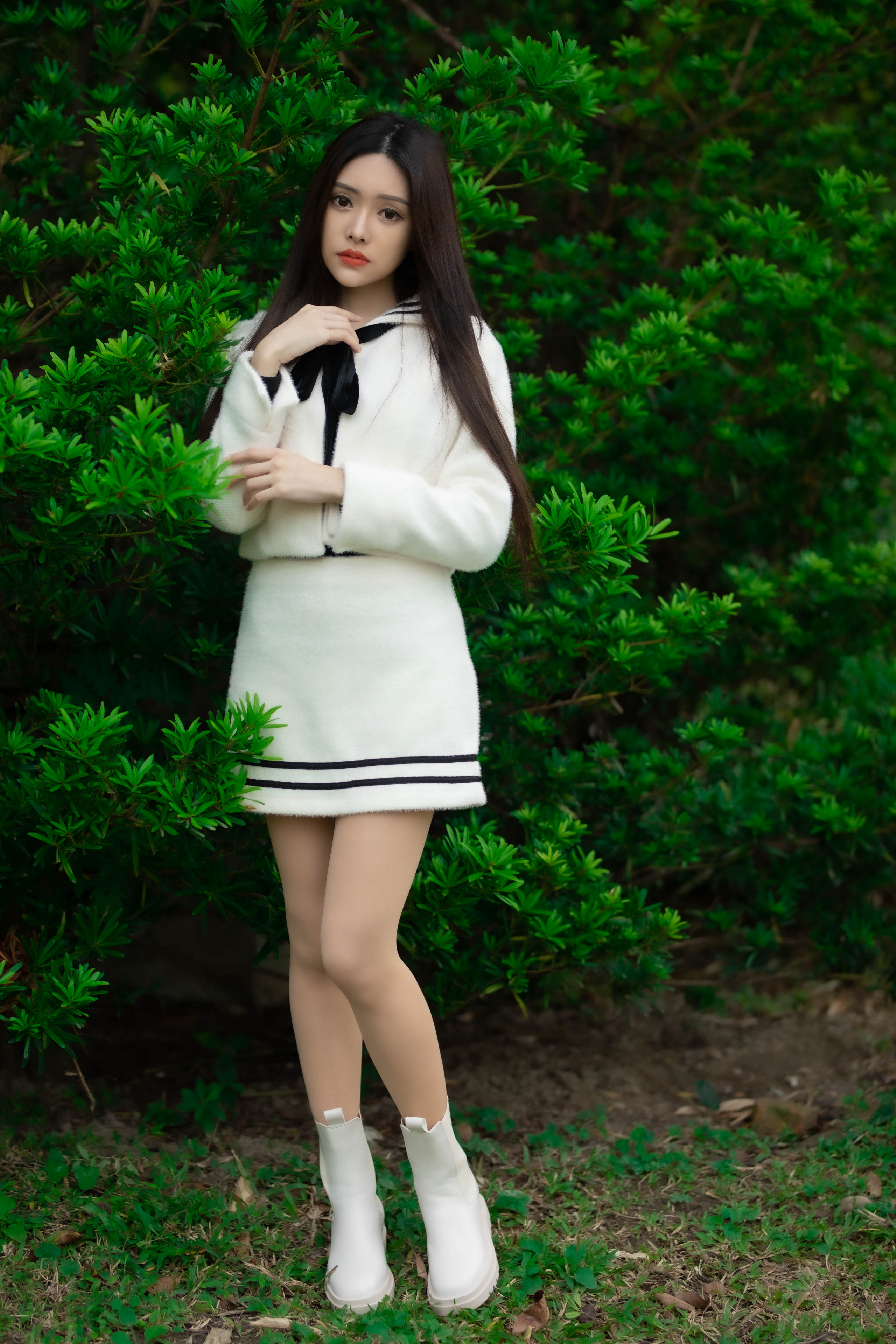 Asian Model Women Long Hair Dark Hair Bushes Skirt Jacket Shirt Ankle Boots Grass Trees 2560x3840