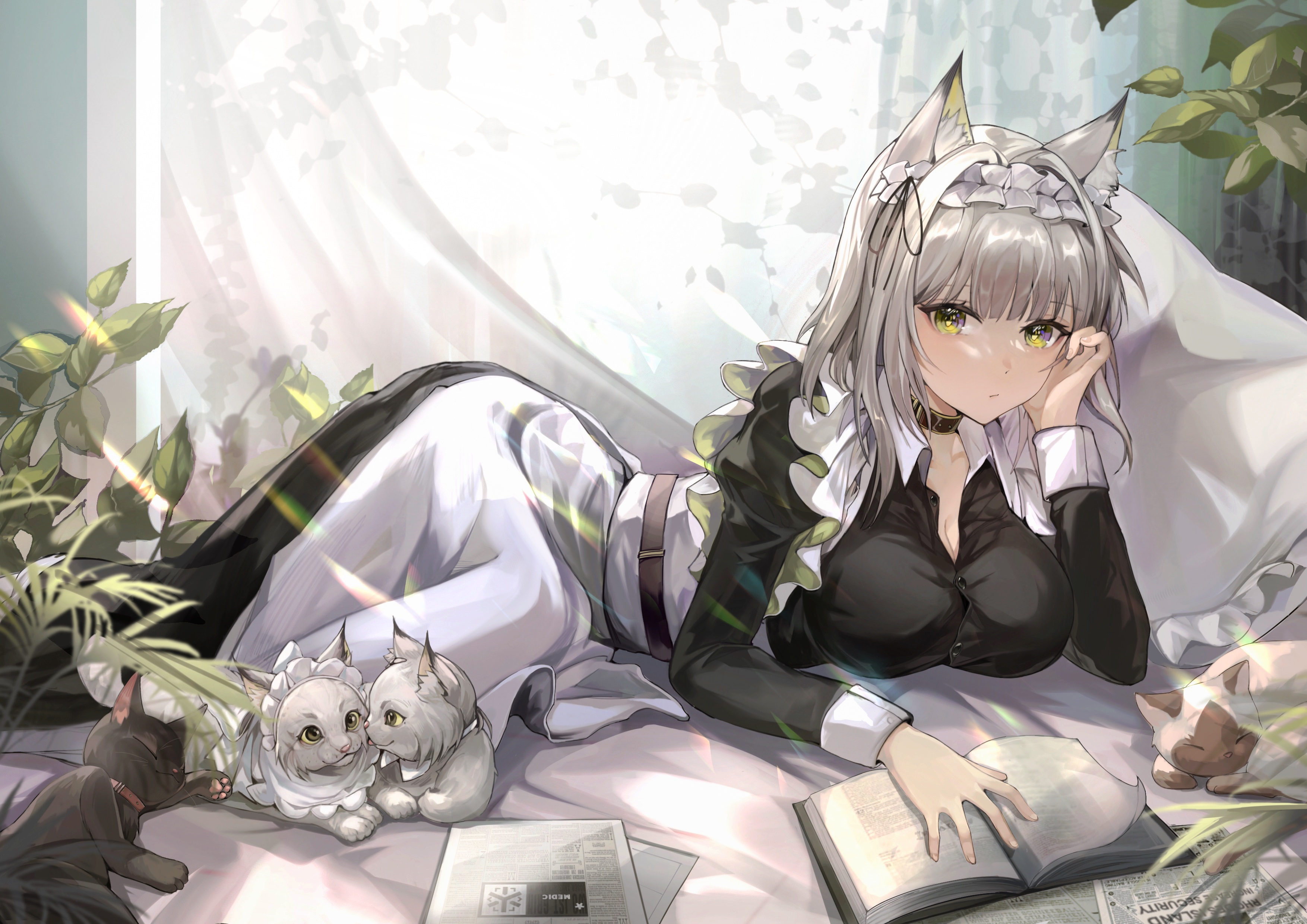Anime Anime Girls Arknights Kal 039 Tsit Arknights Animal Ears Silver Hair Green Eyes Maid Outfit In 3508x2480