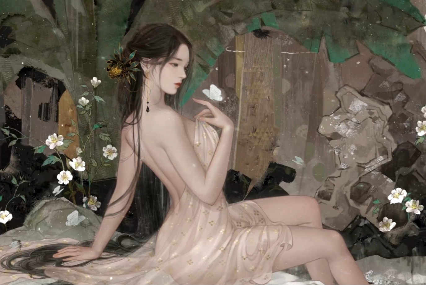 Women Ancient China Fantasy Art Fantasy Girl Brunette Butterfly Flowers Plants Sitting Artwork 1375x922