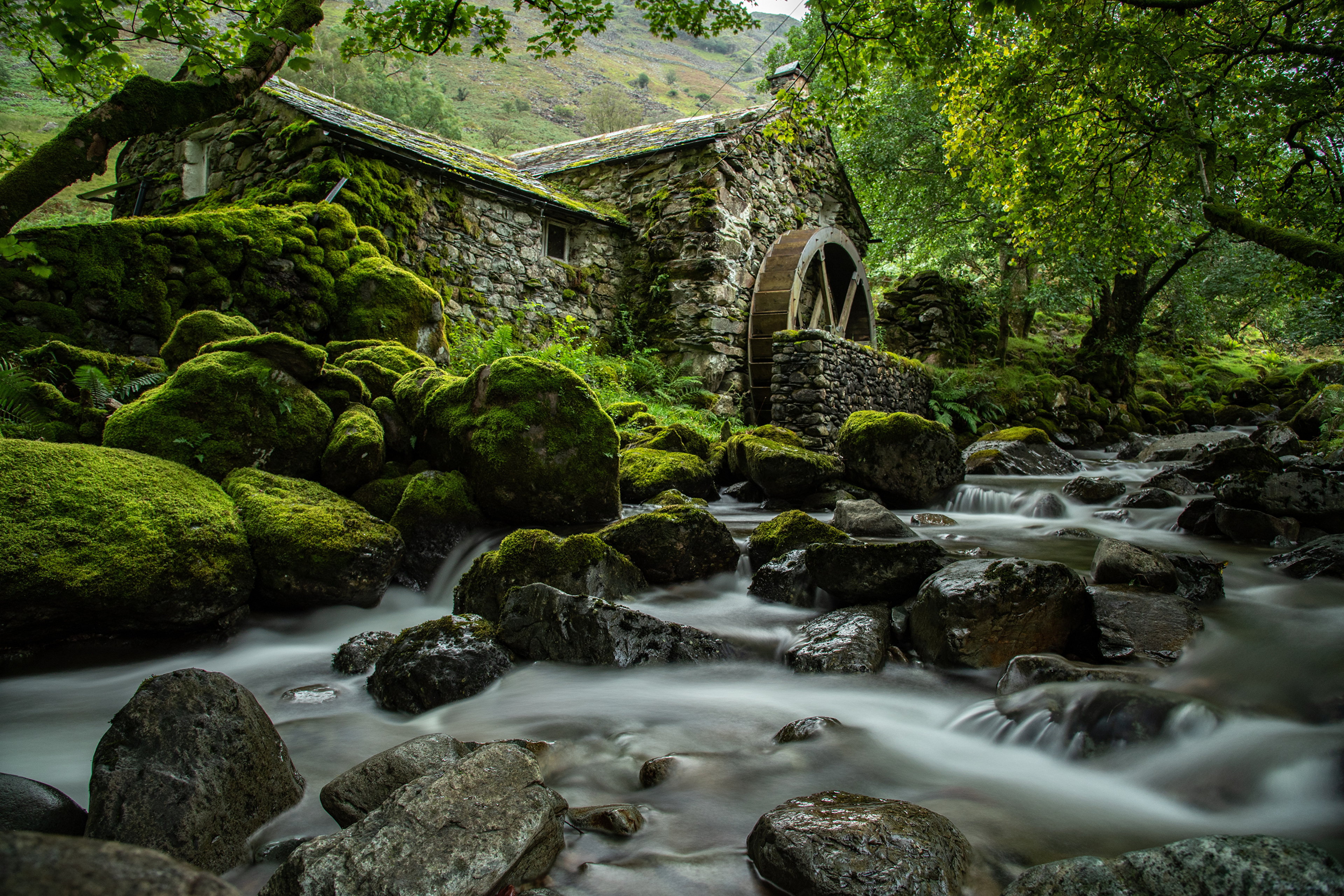 England Watermills Nature Stones Moss Stream Trees Long Exposure Water House 3840x2560