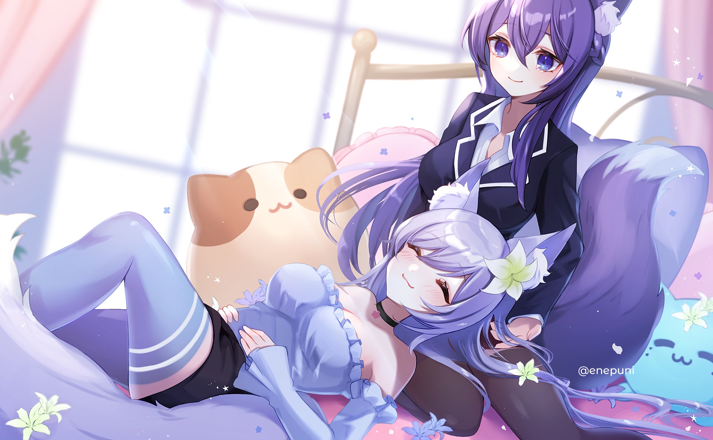 Anime Anime Girls Fox Girl In Bed Purple Hair Smiling Two Women Long Hair Closed Eyes Flower In Hair 2334x1440