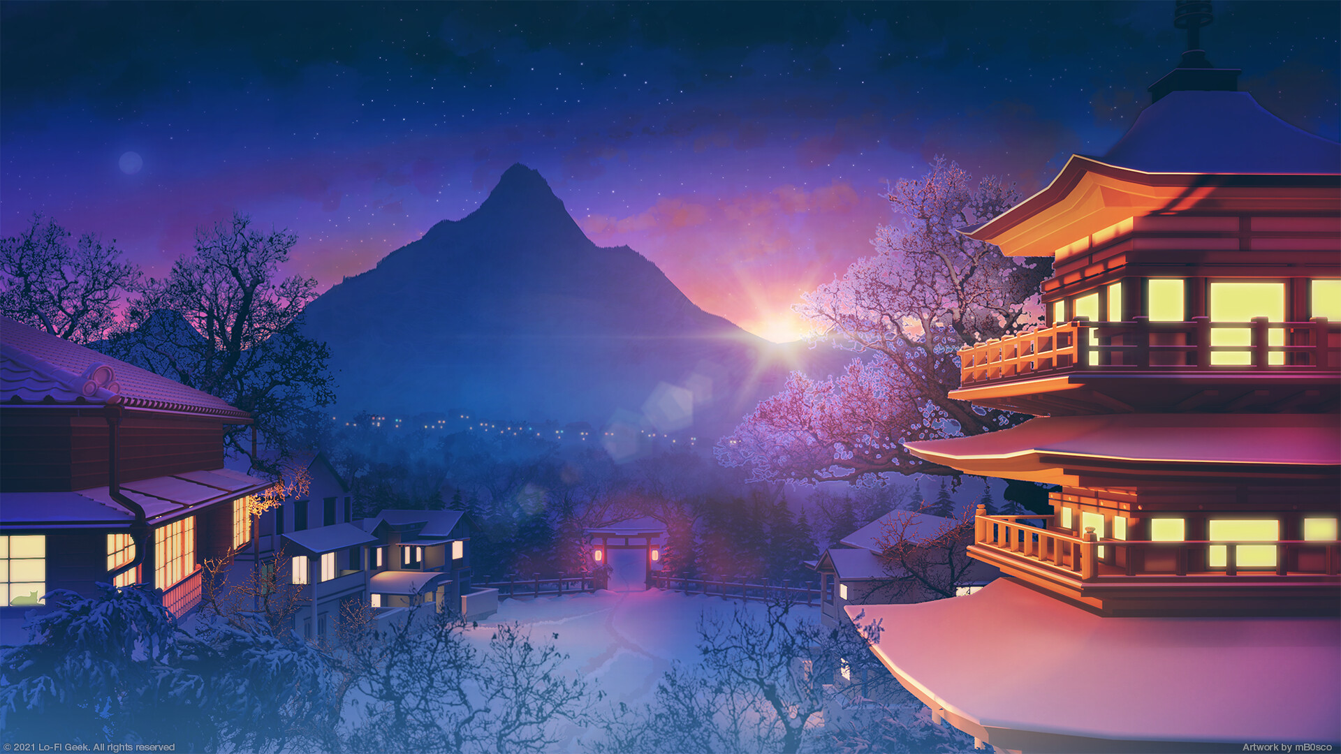 Digital Art Digital Bogdan MB0sco Asian Architecture Mountains Sunset Sunrise Shinto Trees Landscape 1920x1080