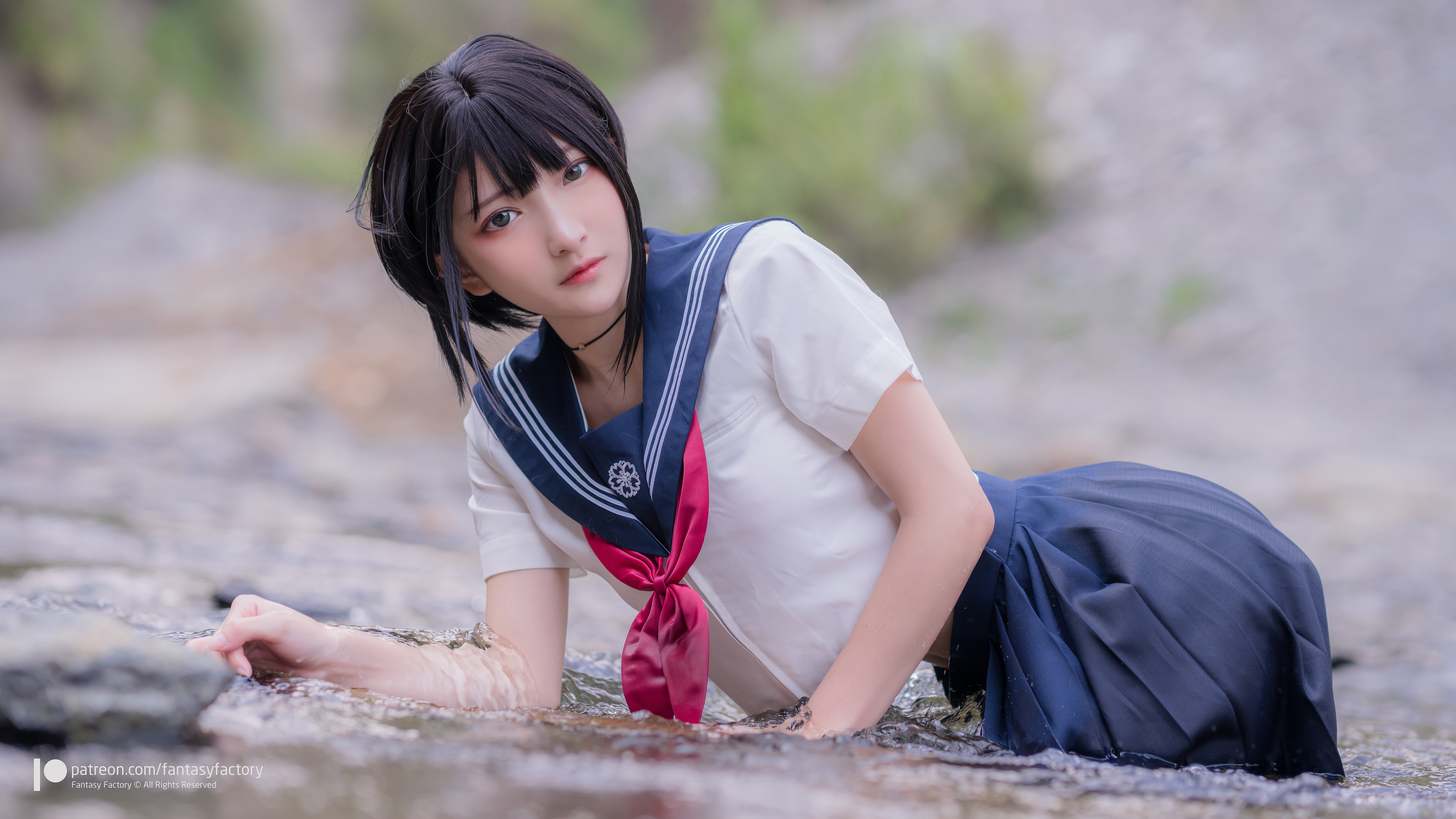 Women Model Asian Brunette Bangs Cosplay Schoolgirl School Uniform Sailor Uniform River Choker Outdo 7644x4300
