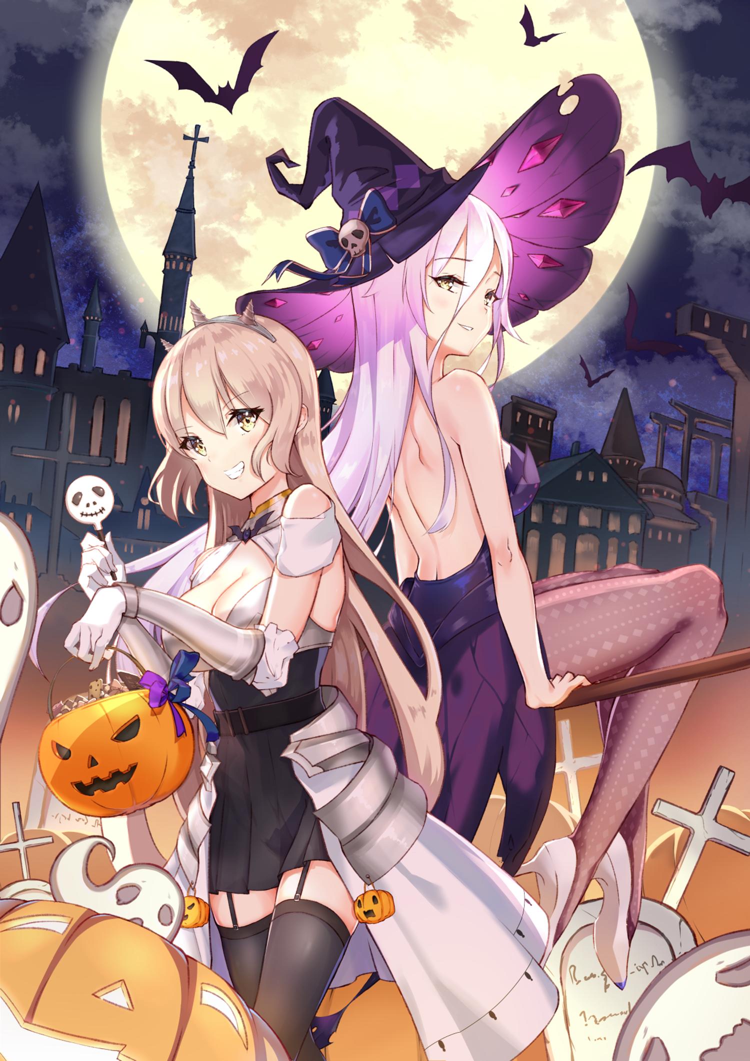 Illusion Connect Witch Hat Halloween Bats Back Pumpkin White Hair Castle Moon Anime Girls Kyaroru Ar 1500x2122