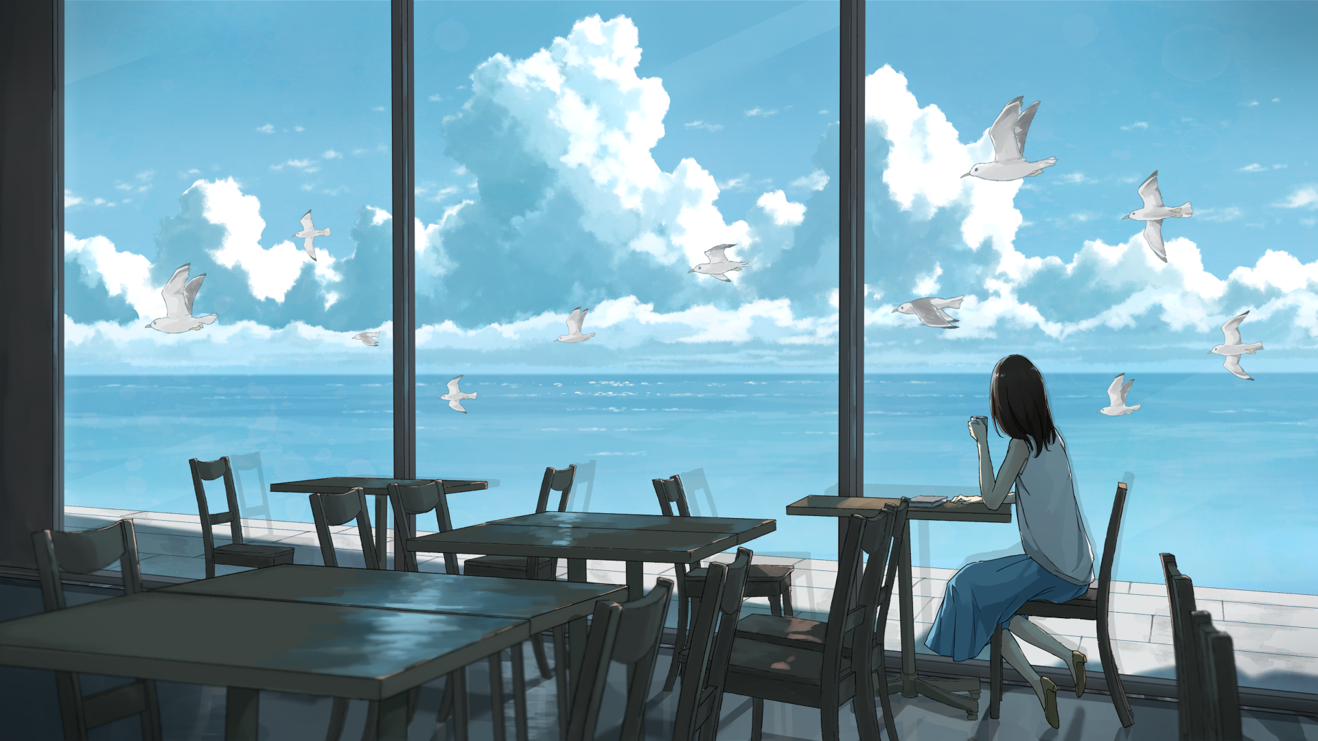 Sky Seagulls Chair Clouds Table 1920x1080