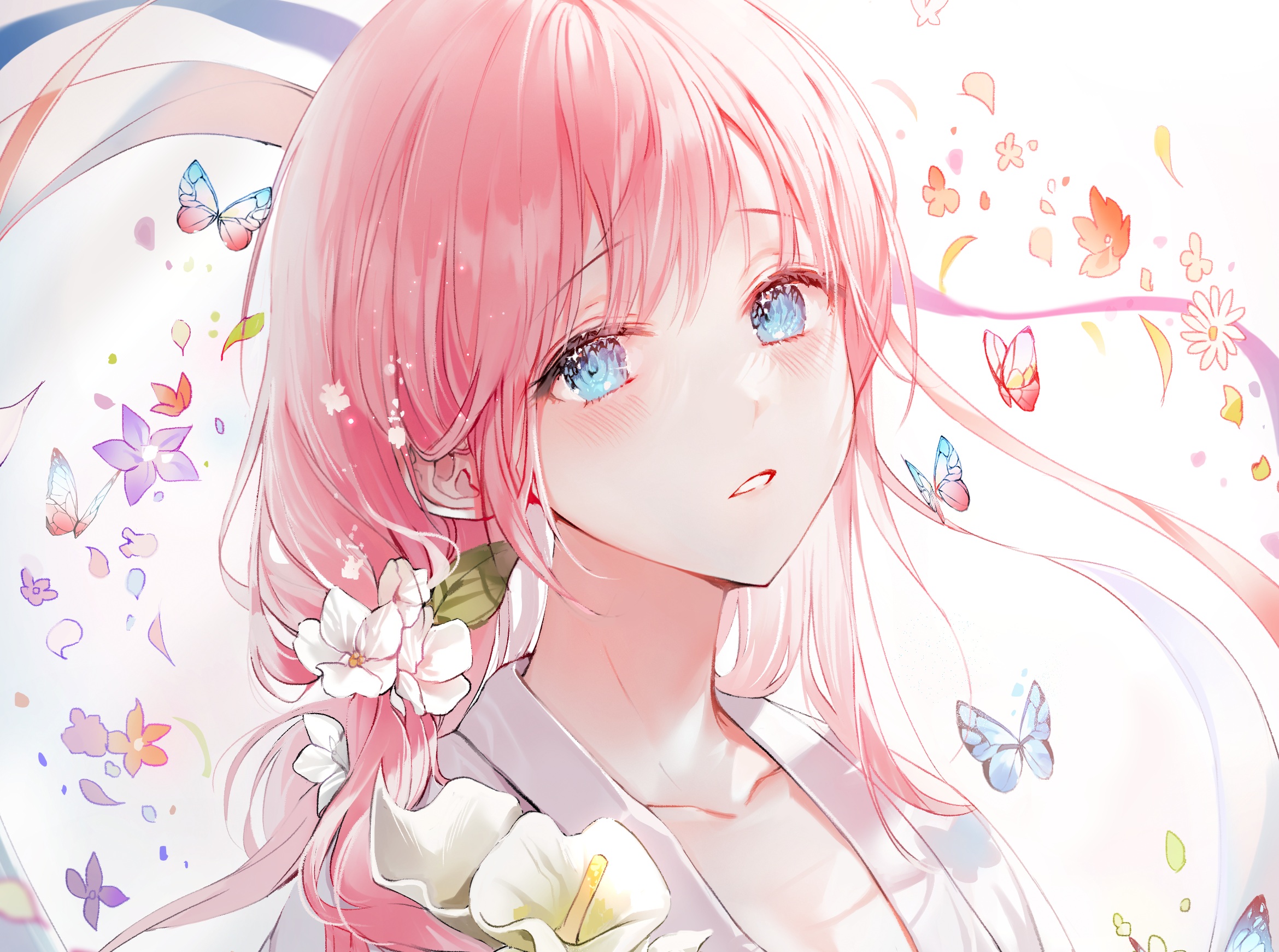 Anime Anime Girls Pink Hair Blue Eyes Blushing Petals Flowers Long Hair Butterfly White Background P 2340x1741