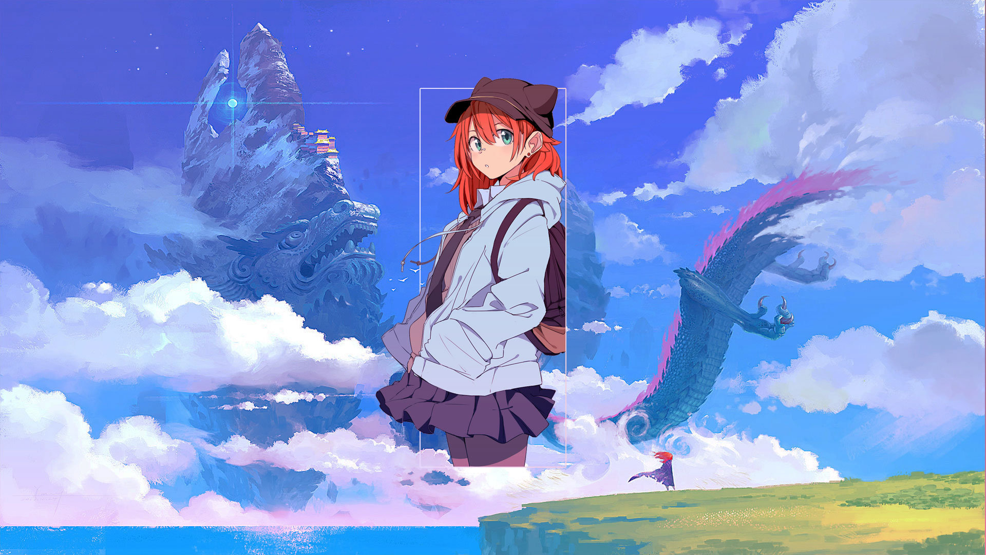 Anime Anime Girls Landscape Photoshop Digital Art Picture In Picture Sky Clouds Dragon Sea Abstract  1920x1080
