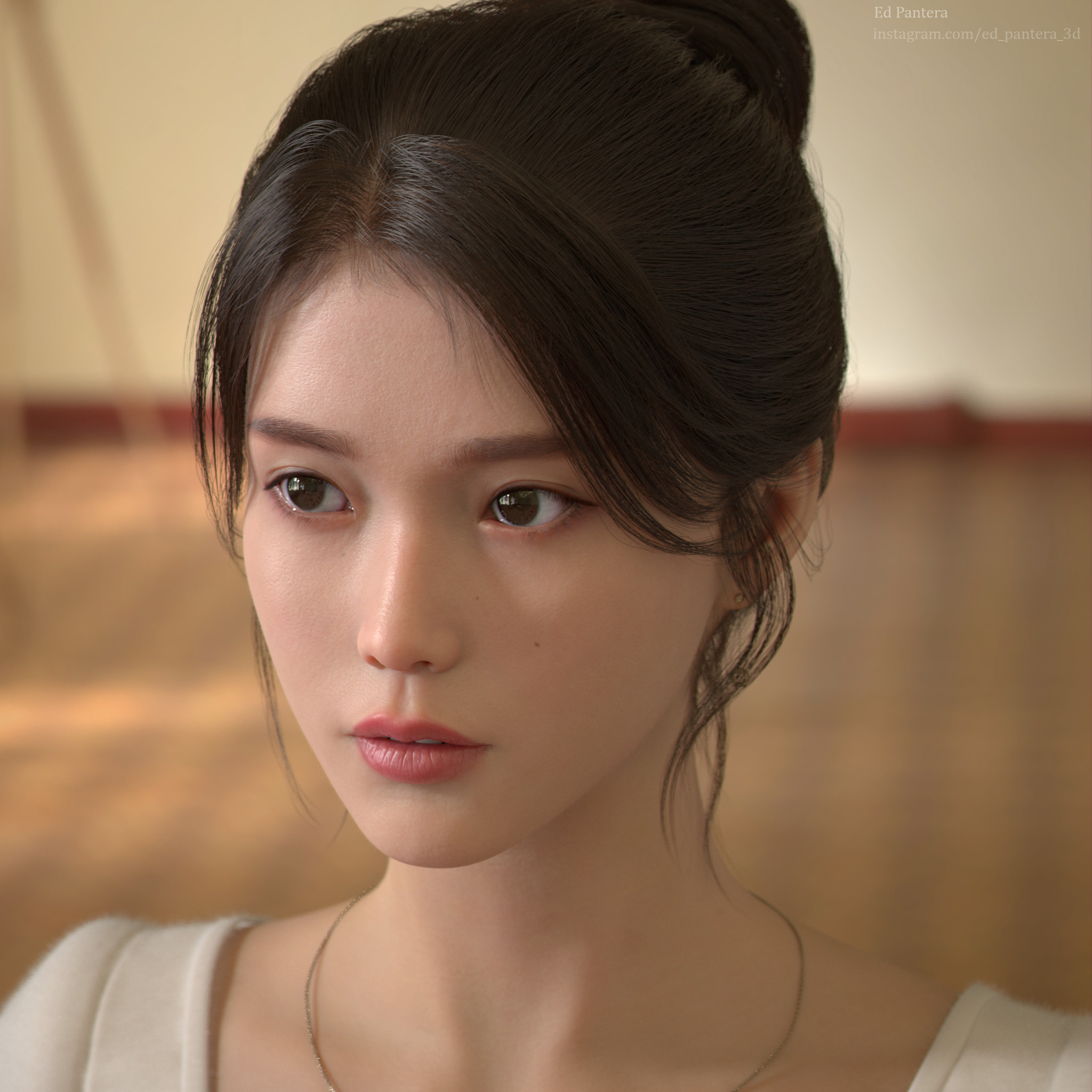 Ed Pantera CGi Asian Women Dark Hair Hairbun Looking Away Portrait Indoors 2048x2048