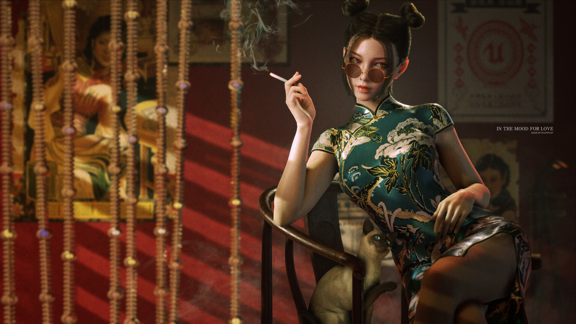 Yuan Yuan Artwork Women Asian Smoking Cigarettes Women With Shades Women Indoors Indoors Shades Dres 1920x1080