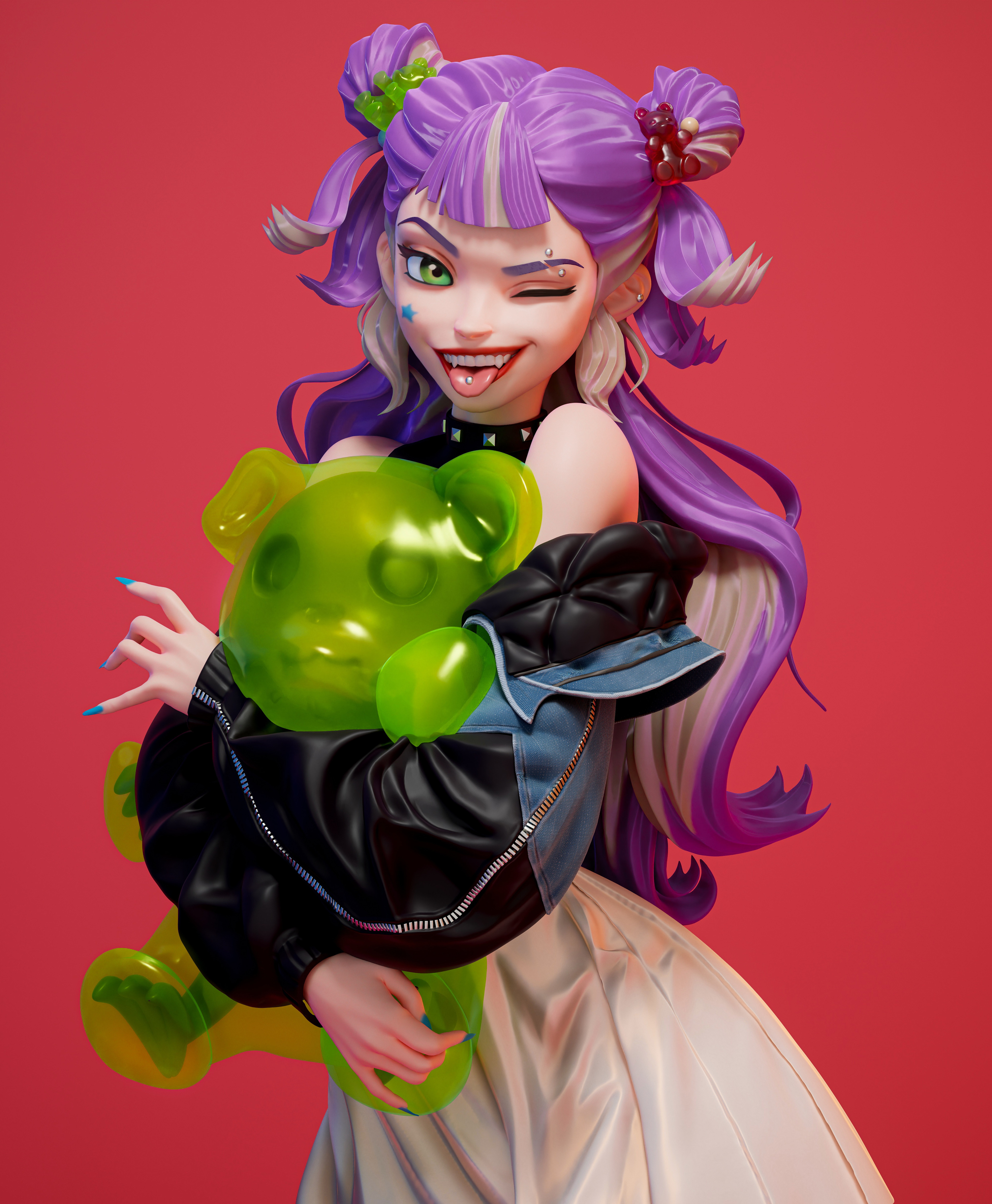 ArtStation Twintails Tongue Out One Eye Closed Red Background CGi Portrait Display Hugging Teddy Bea 3840x4662