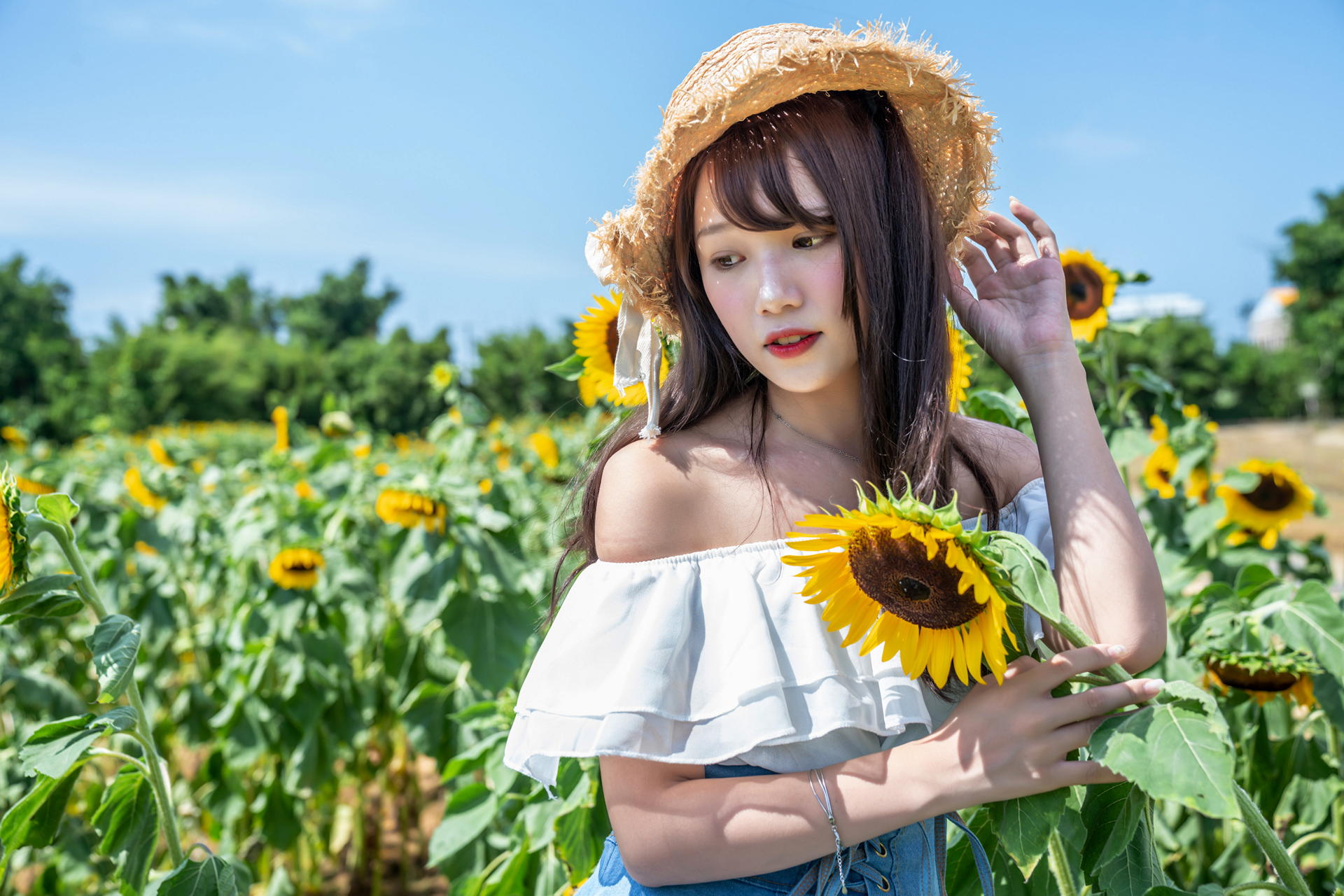 Asian Model Women Long Hair Dark Hair Field Flowers Straw Hat White Dress Sunflowers Bare Shoulders 1920x1280