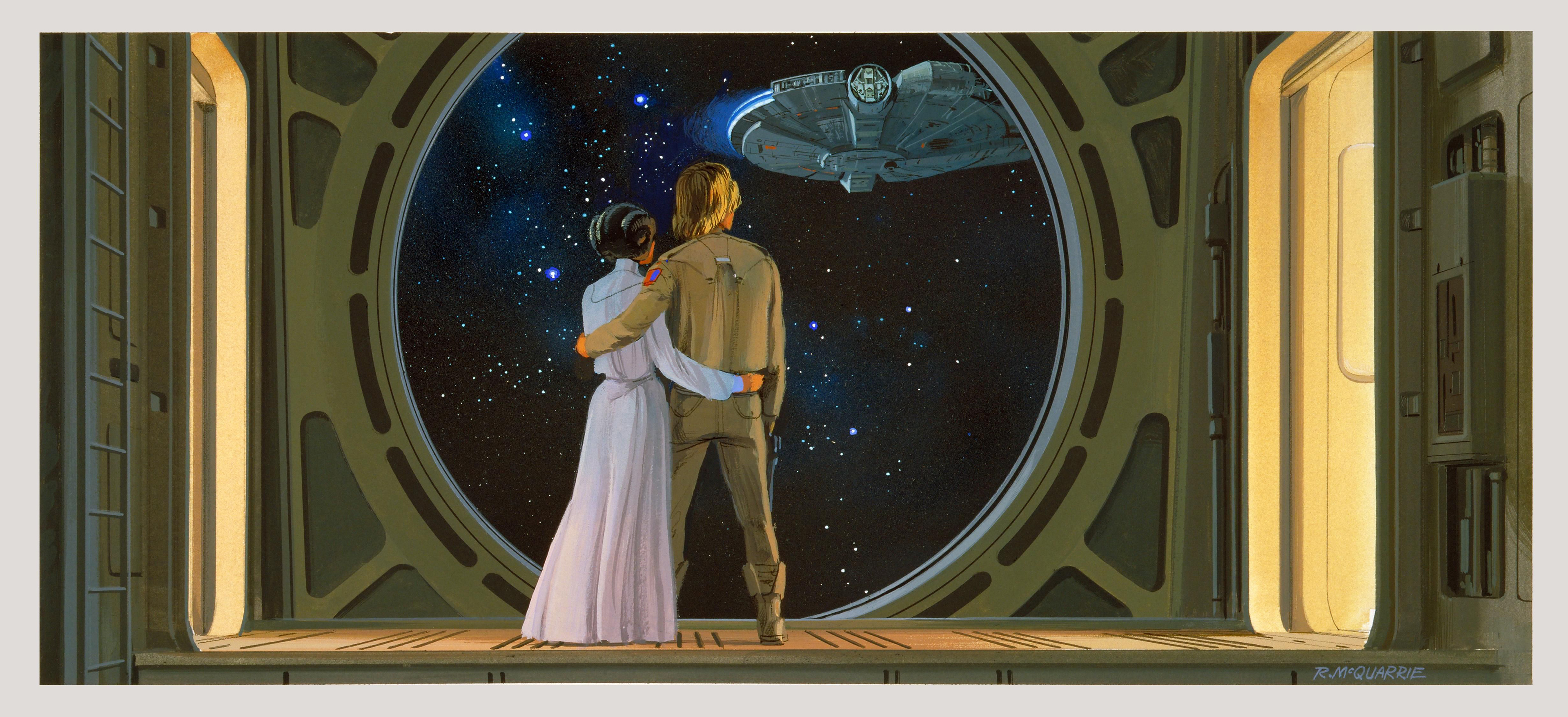 Star Wars Luke Skywalker Leia Organa Princess Leia Millenium Falcon Concept Art Stars Ralph McQuarri 3840x1756