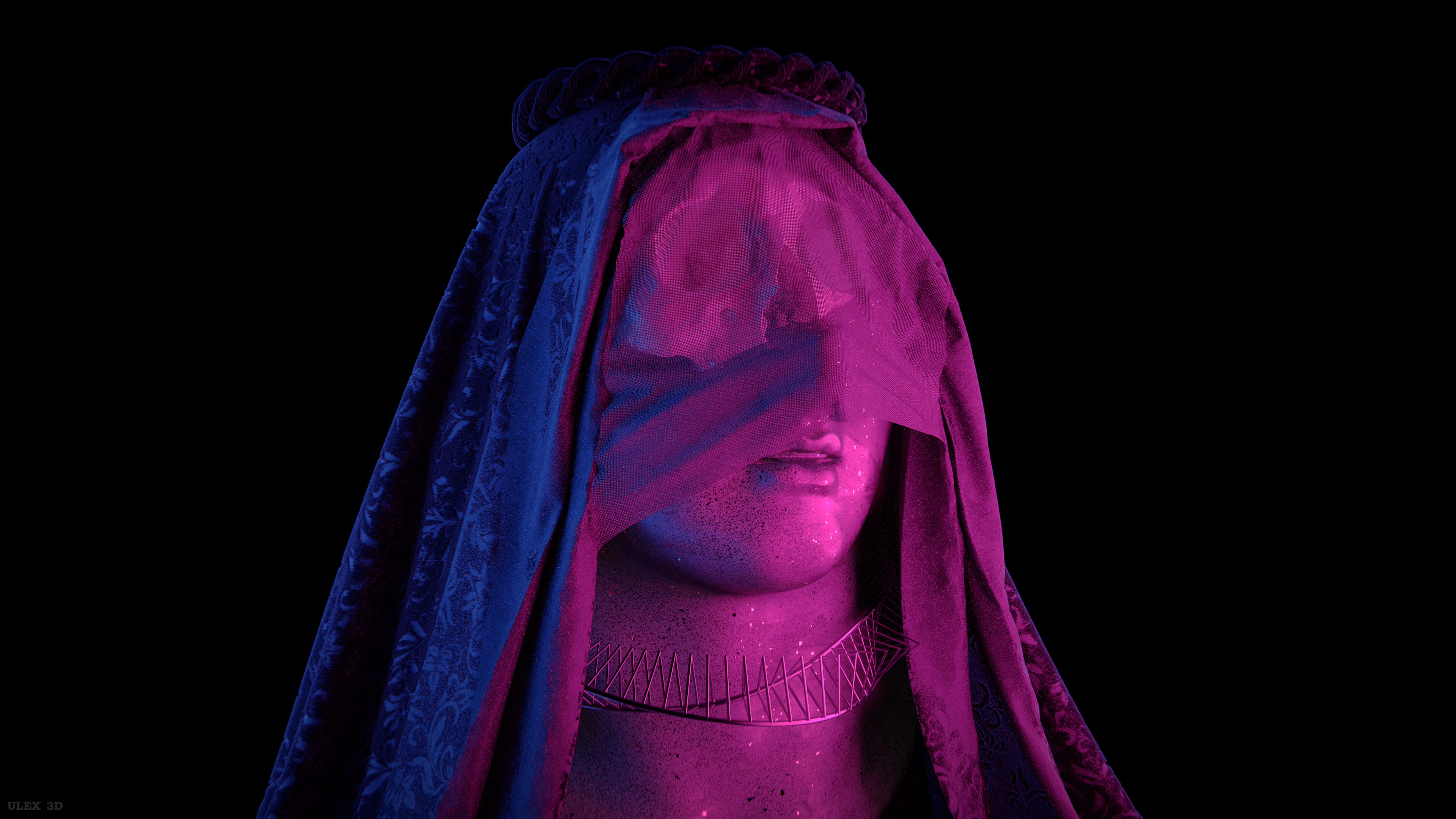 Portrait Statue Skull Veils Neon CGi Digital Art Render Rendering 3840x2160