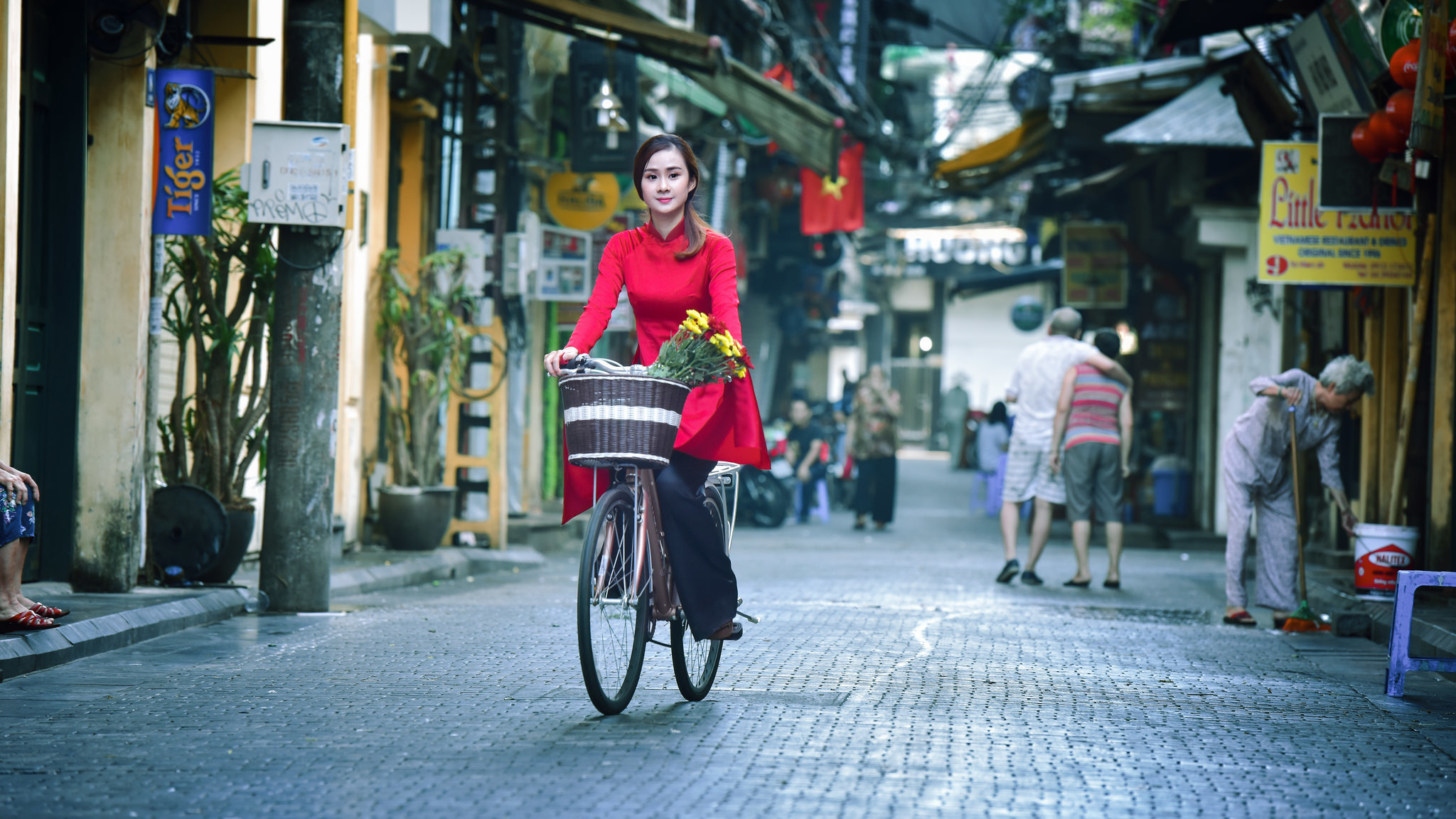 Asian Model Women Long Hair Dark Hair Street Depth Of Field Bicycle Baskets Flowers Red Blouse Blue  2048x1152