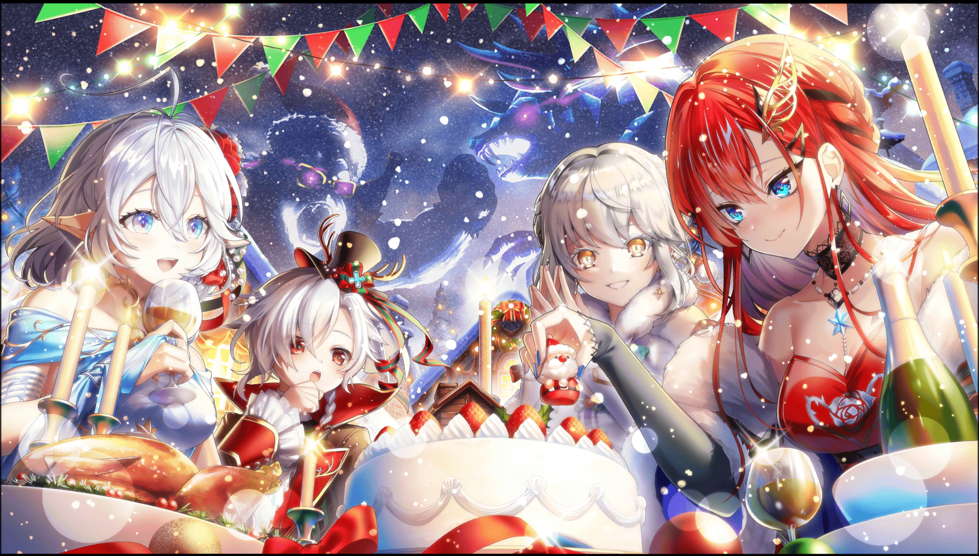 Anime Anime Girls Shiro Neko Project Christmas Food Silver Hair Redhead 3235x1840