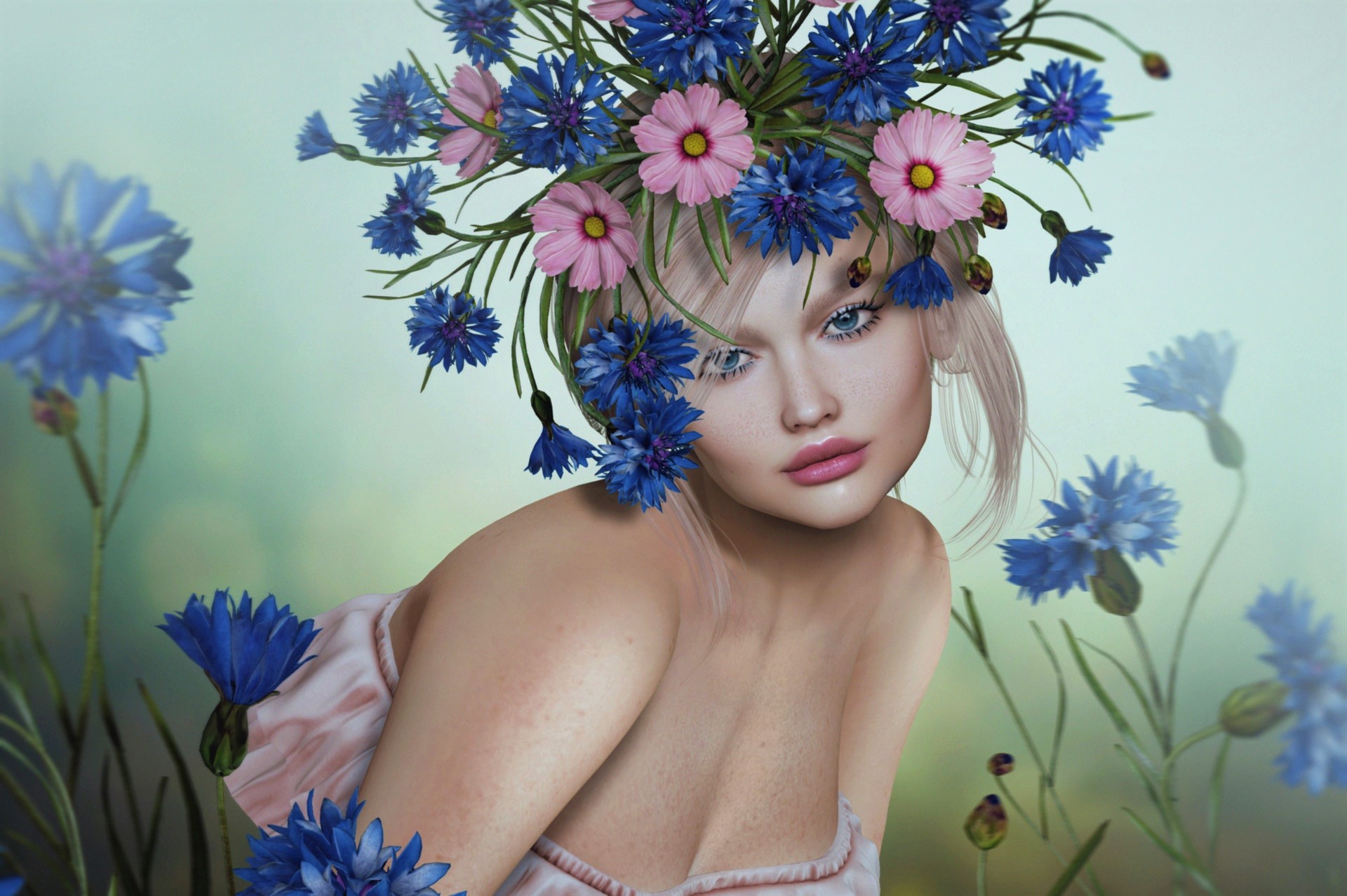 Artistic Blue Eyes Fantasy Flower Girl Lipstick Woman 1920x1277