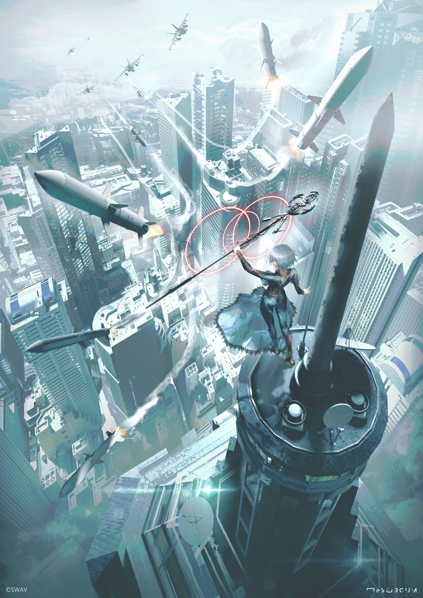 Anime Anime Girls SWAV Artwork Cityscape Jet Fighter Missiles 1414x2000