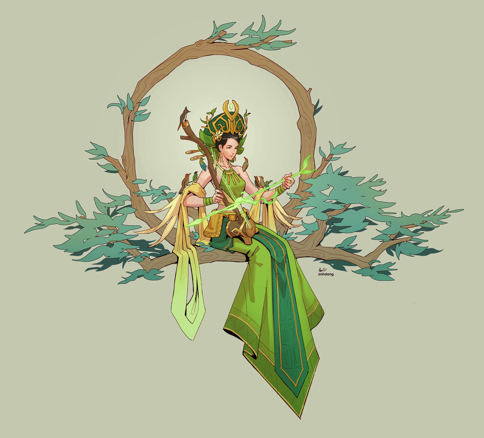 Anh Dang Artwork Women Fantasy Art Fantasy Girl Simple Background Dress Green Dress Dark Hair Sittin 1920x1738
