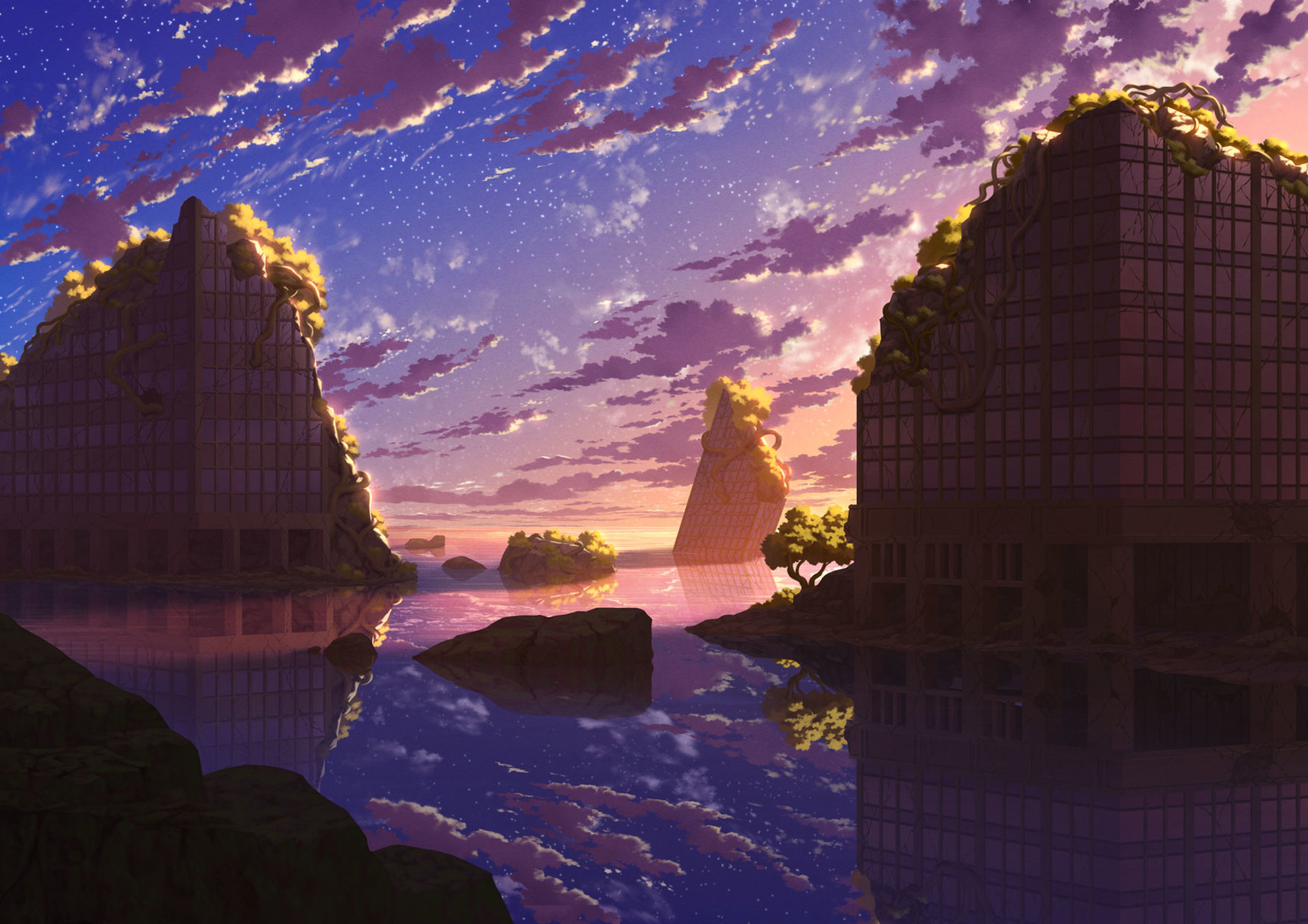 Reflection Ruin Starry Sky Sunset Water 1920x1357