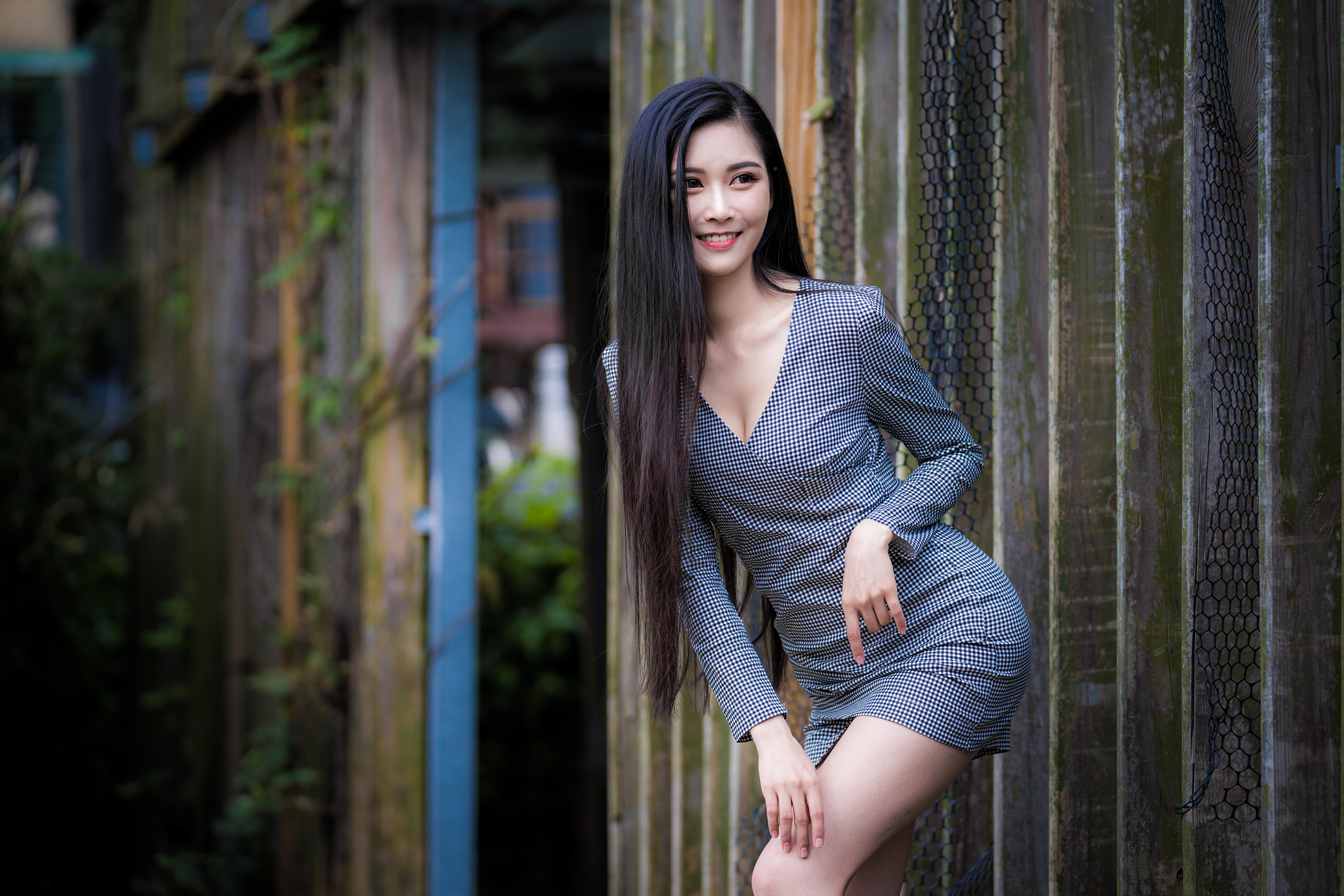 Asian Model Women Long Hair Dark Hair Leaning Bushes Fence 3840x2560