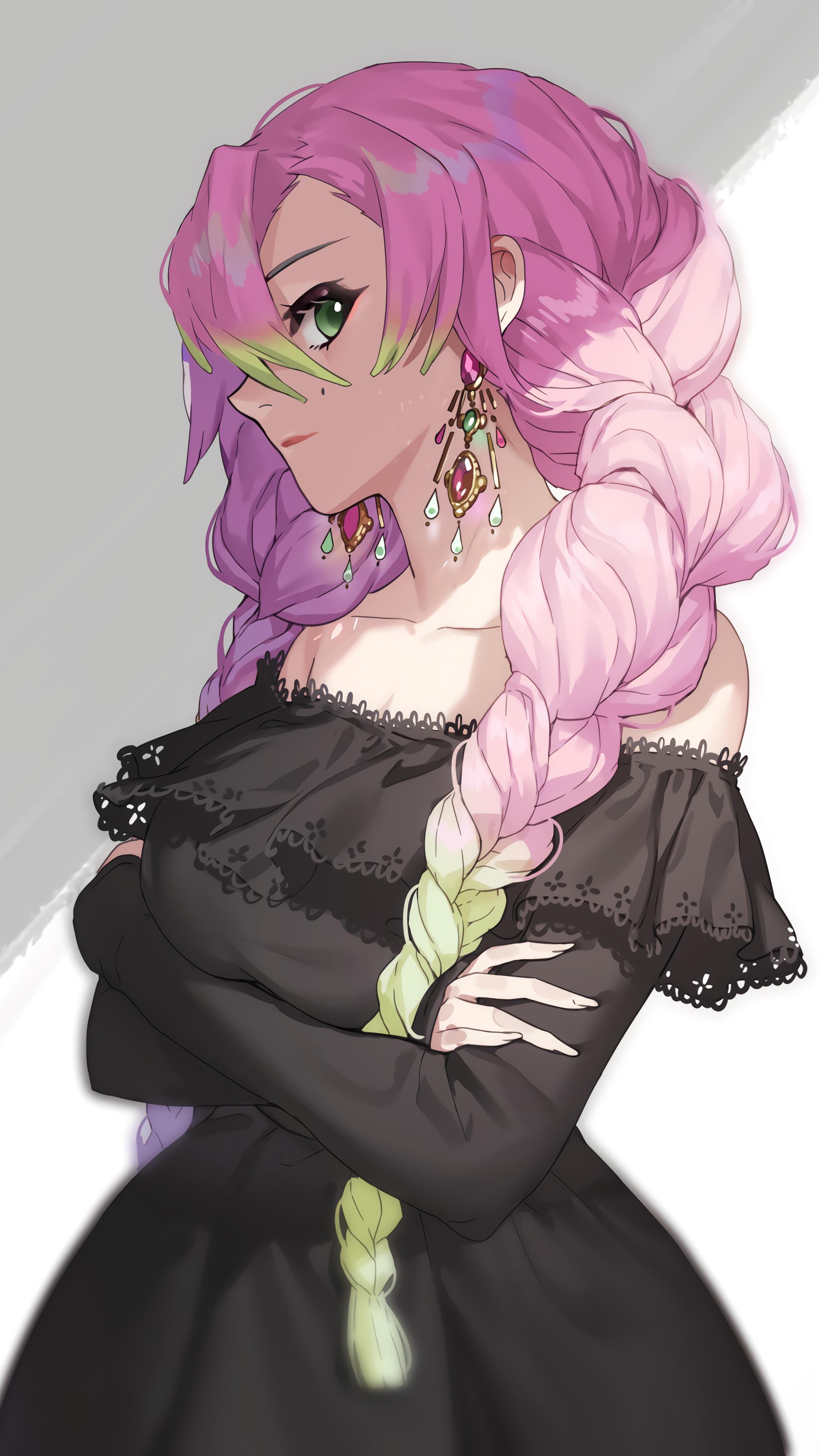 Kimetsu No Yaiba Black Dress Alternate Costume Multi Colored Hair Long Sleeves Long Nails Pink Hair  2250x4000