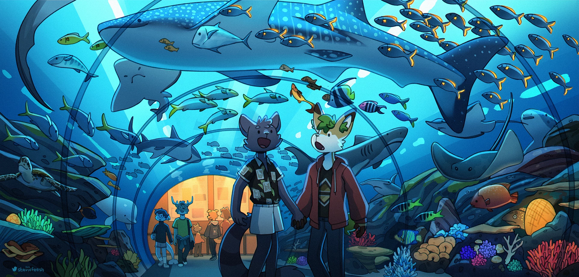 Steviefeesh Aquarium Water Dolphin Whale Fish Fish Swarm Coral Anthro Turtle Shark Coral Reef Anthro 1924x921