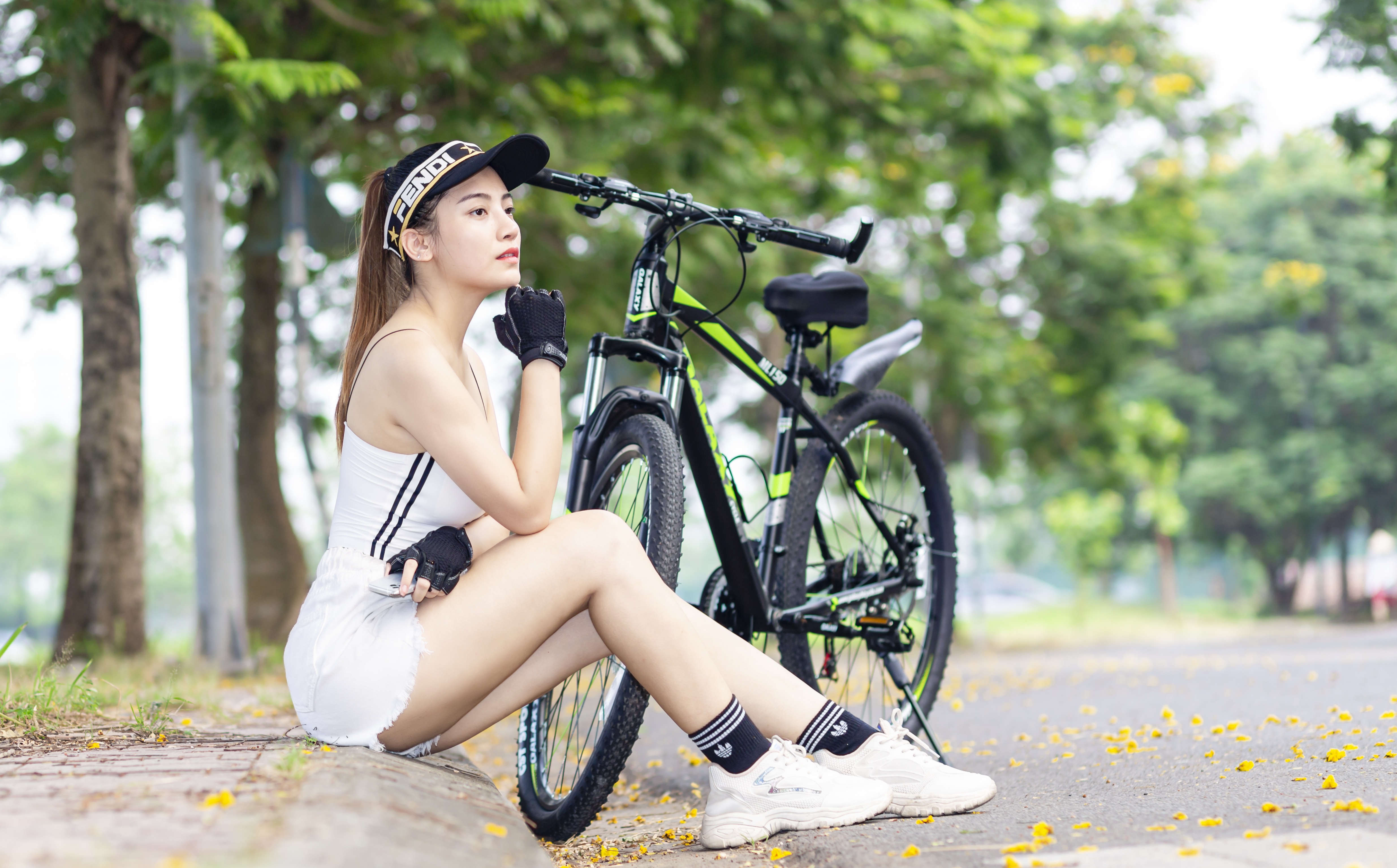 Asian Model Women Long Hair Dark Hair Depth Of Field Sneakers Shorts Bicycle Trees Ponytail Gloves S 4940x3070