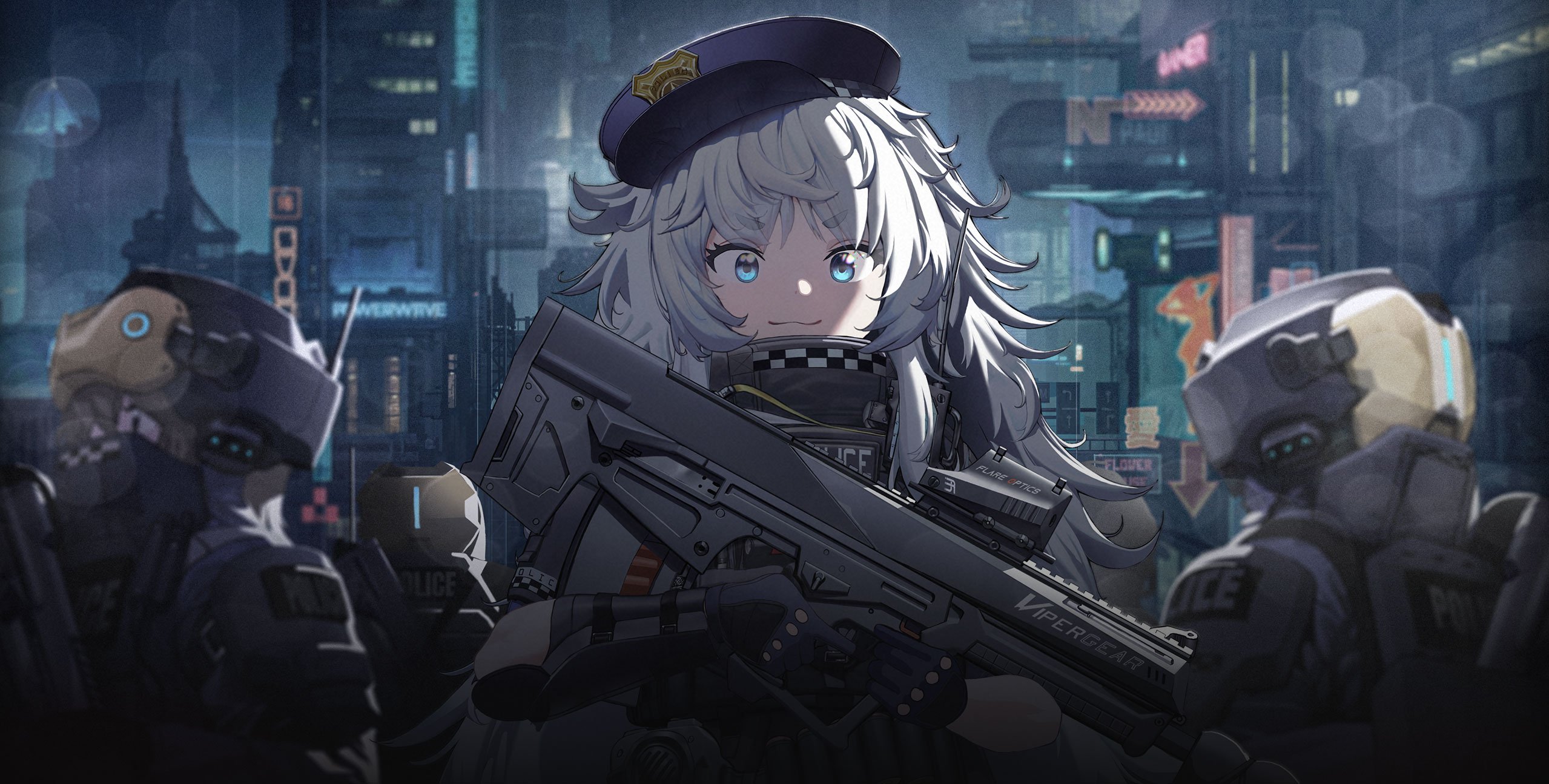 Anime Girls Anime Cyberpunk Gun Police Night White Hair Weapon Girls With Guns Hat Women With Hats A 2558x1295
