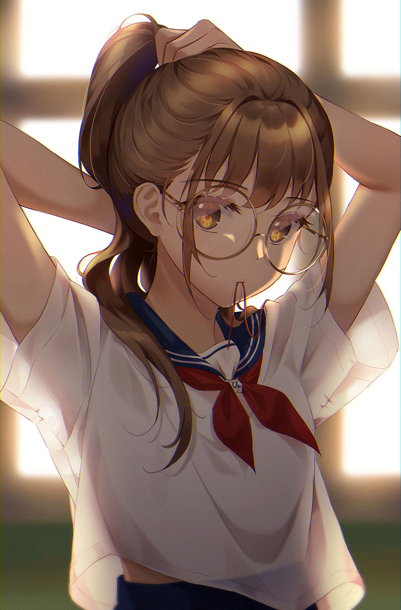 Anime Girls Schoolgirl School Uniform Glasses Brunette Brown Eyes Artwork Fruit Ade 1580x2400