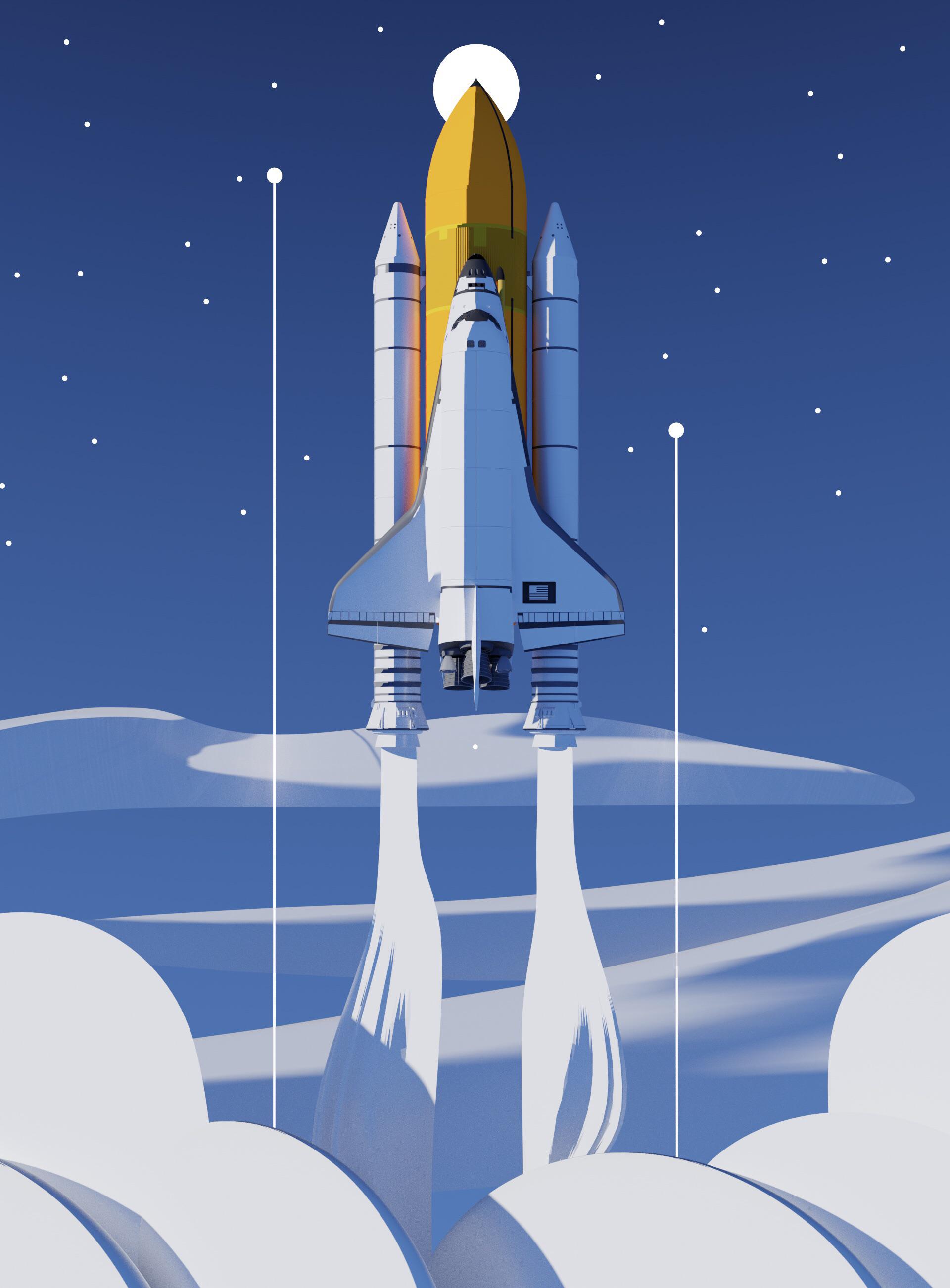 Artwork Digital Art Portrait Display Vertical Spaceship Launching Moon Stars Clouds Smoke Sky 1920x2604
