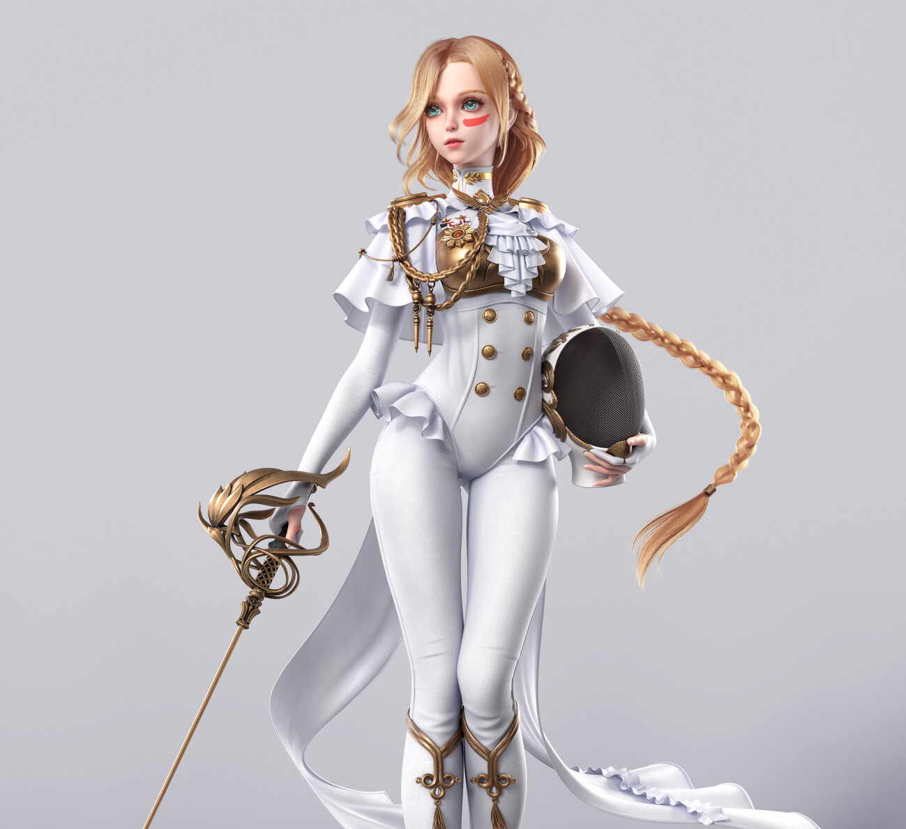 Cavan CGi Women Blonde White Clothing Face Paint Weapon Rapier Simple Background 1299x1189