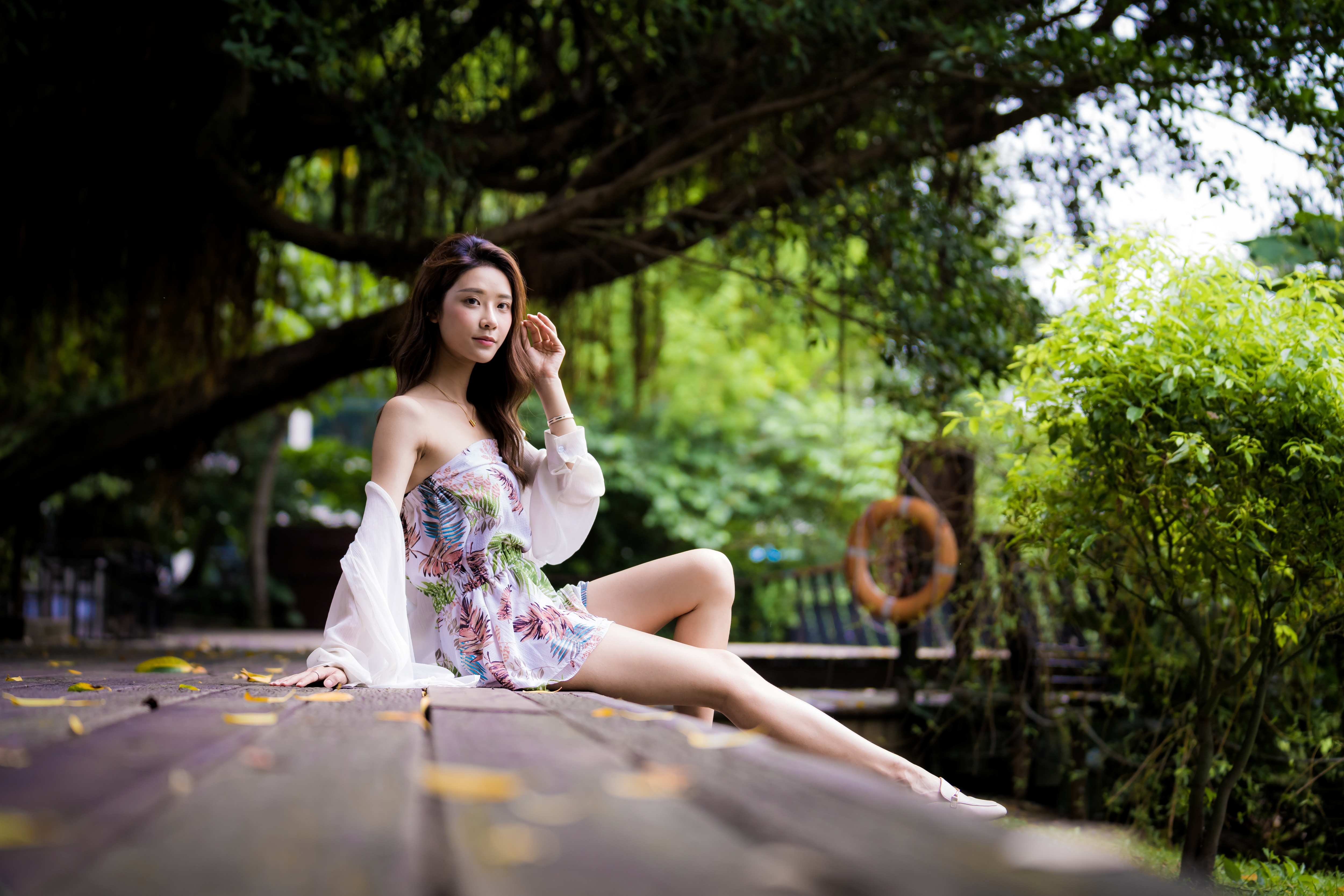 Women Model Asian Brunette Looking At Viewer Bare Shoulders Sitting Dress Depth Of Field Outdoors Wo 5000x3333