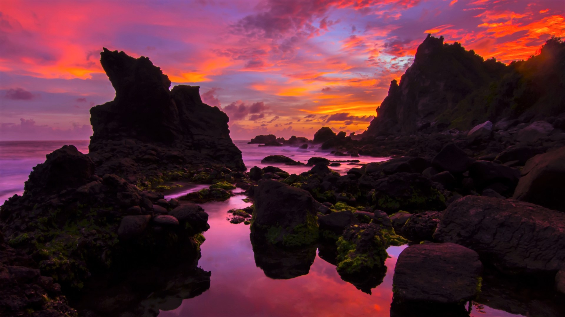 Ocean Orange Color Pink Purple Rock Sea Sky 1920x1080