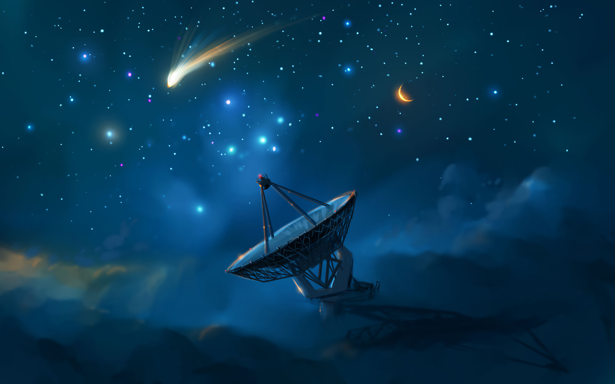 Night Sky Night Starry Night Satellite Dish Stars Clouds Galaxy Moon Digital Art Comet 2560x1600