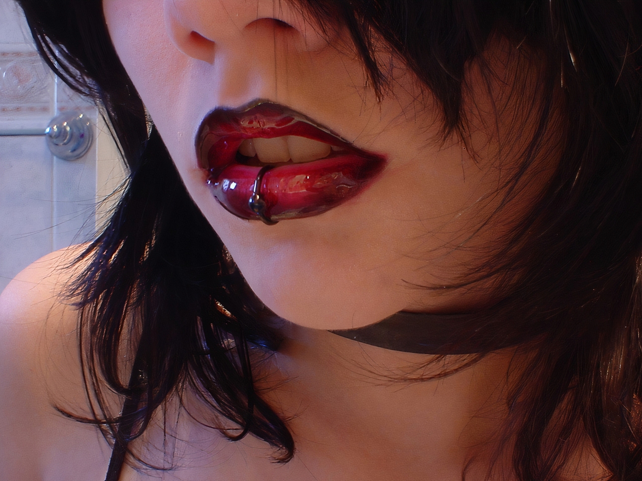 Women Goths Lipstick Dark Lipstick Long Hair Dark Hair Lips Lip Ring Closeup 1280x960