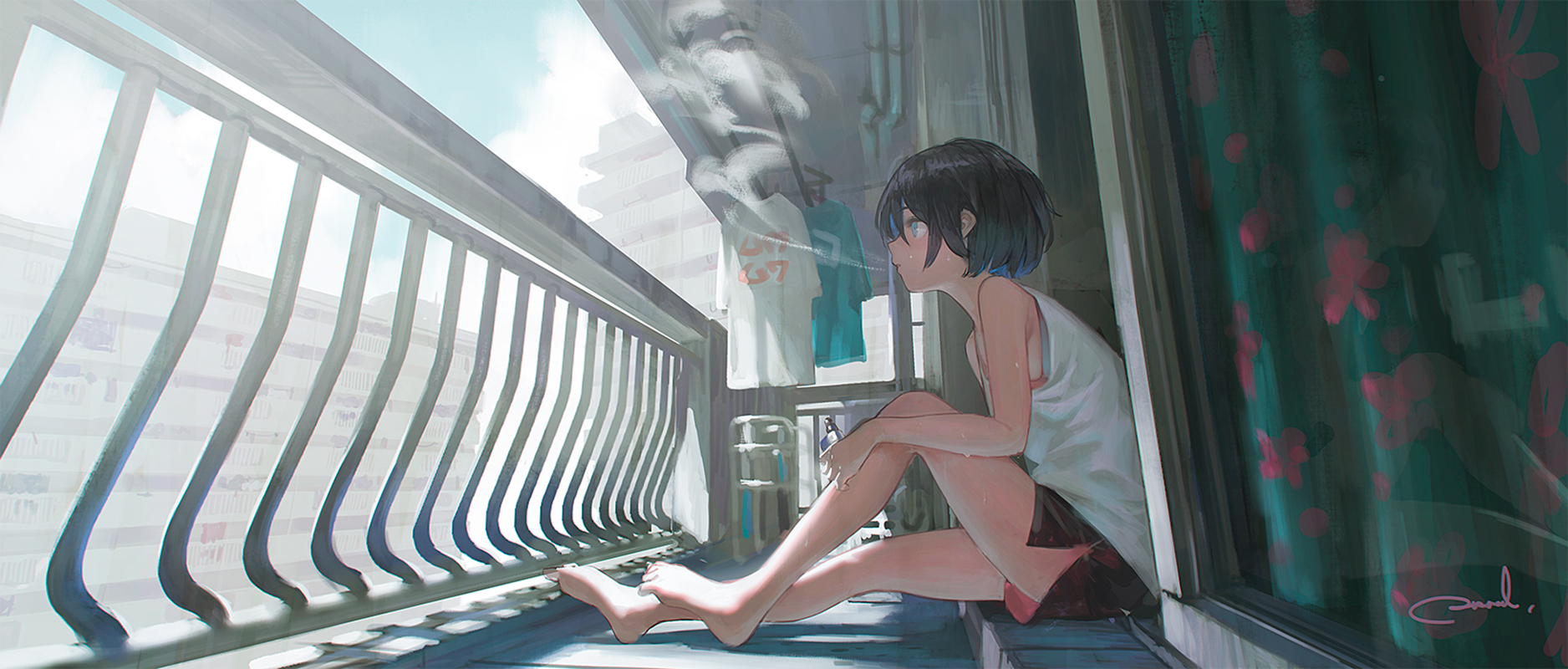 a digital art of an anime girl from behind on a balcony with coffee, with a  beautiful view of the mountain field below : r/dalle2