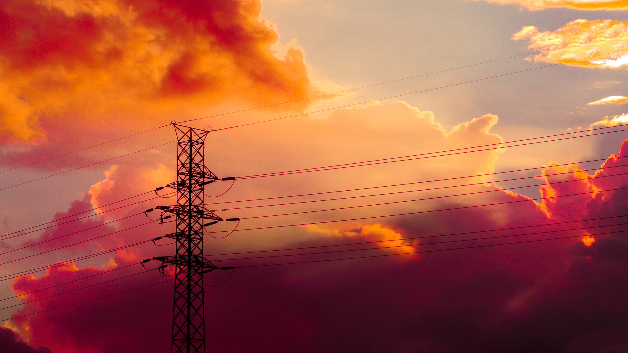 Sky Clouds Sunset Power Lines 2048x1152
