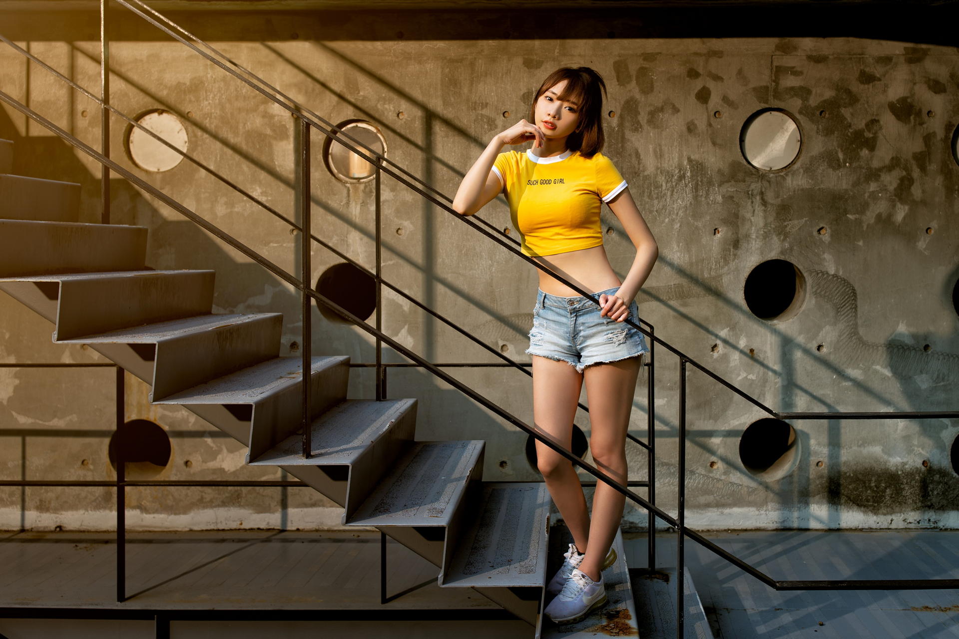 Asian Model Women Long Hair Dark Hair Stairs Yellow Tops Sneakers Ponytail Railing T Shirt Crop Top 1920x1280