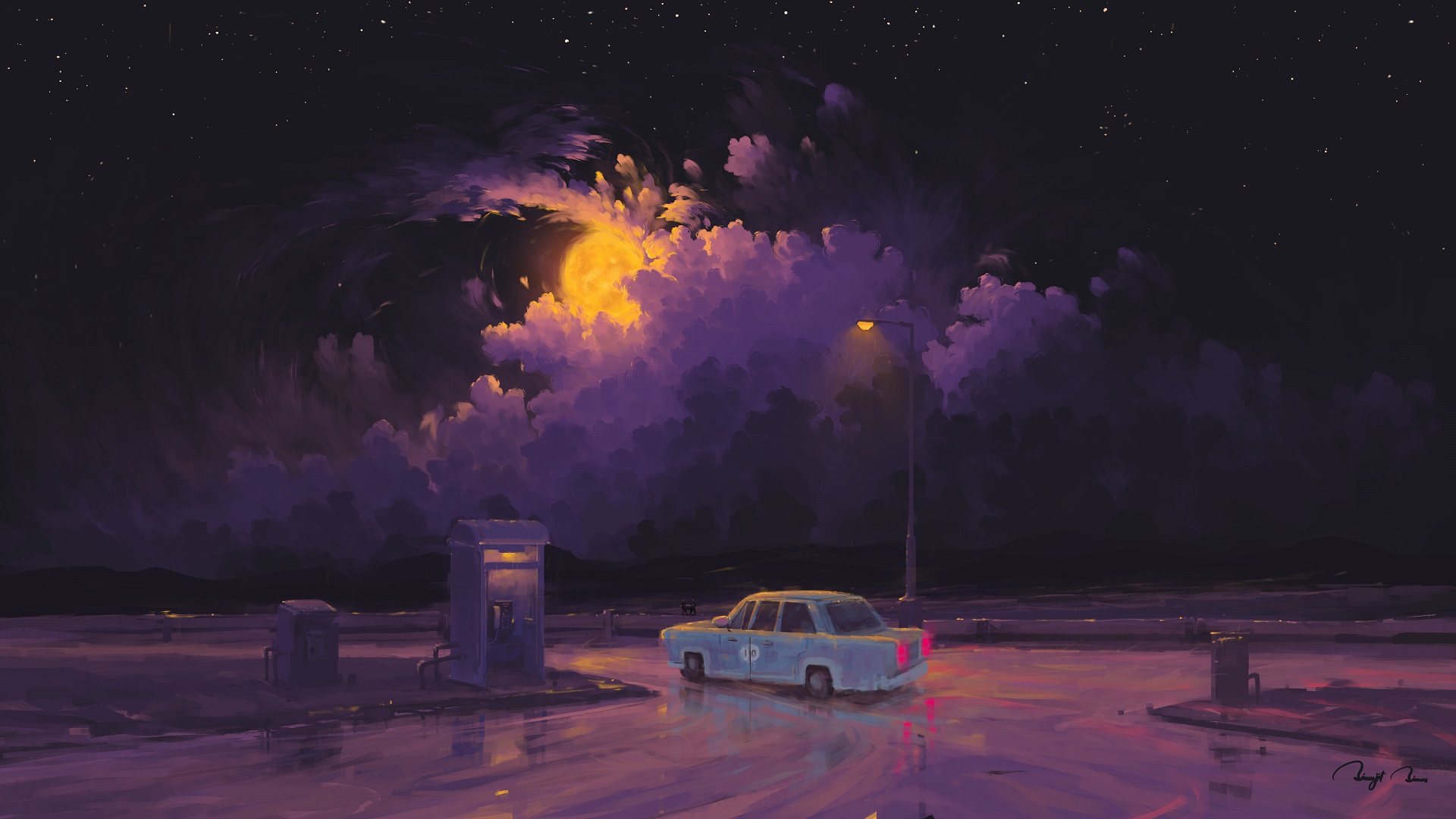 Digital Painting Night Clouds Car Moon BisBiswas 1920x1080