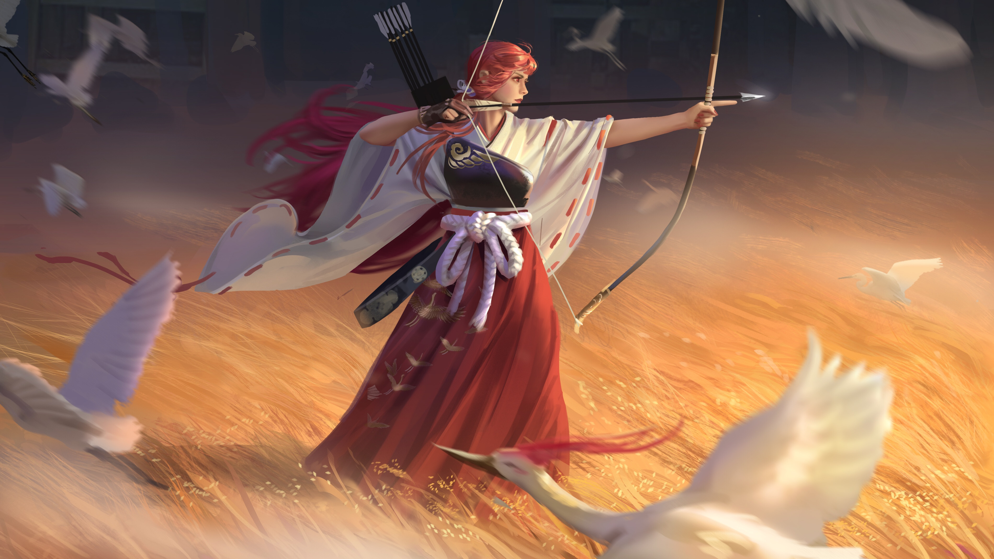 Hou China Digital Art Artwork Digital Painting Women Bow Archer Painted Nails Redhead Birds Fictiona 3800x2138
