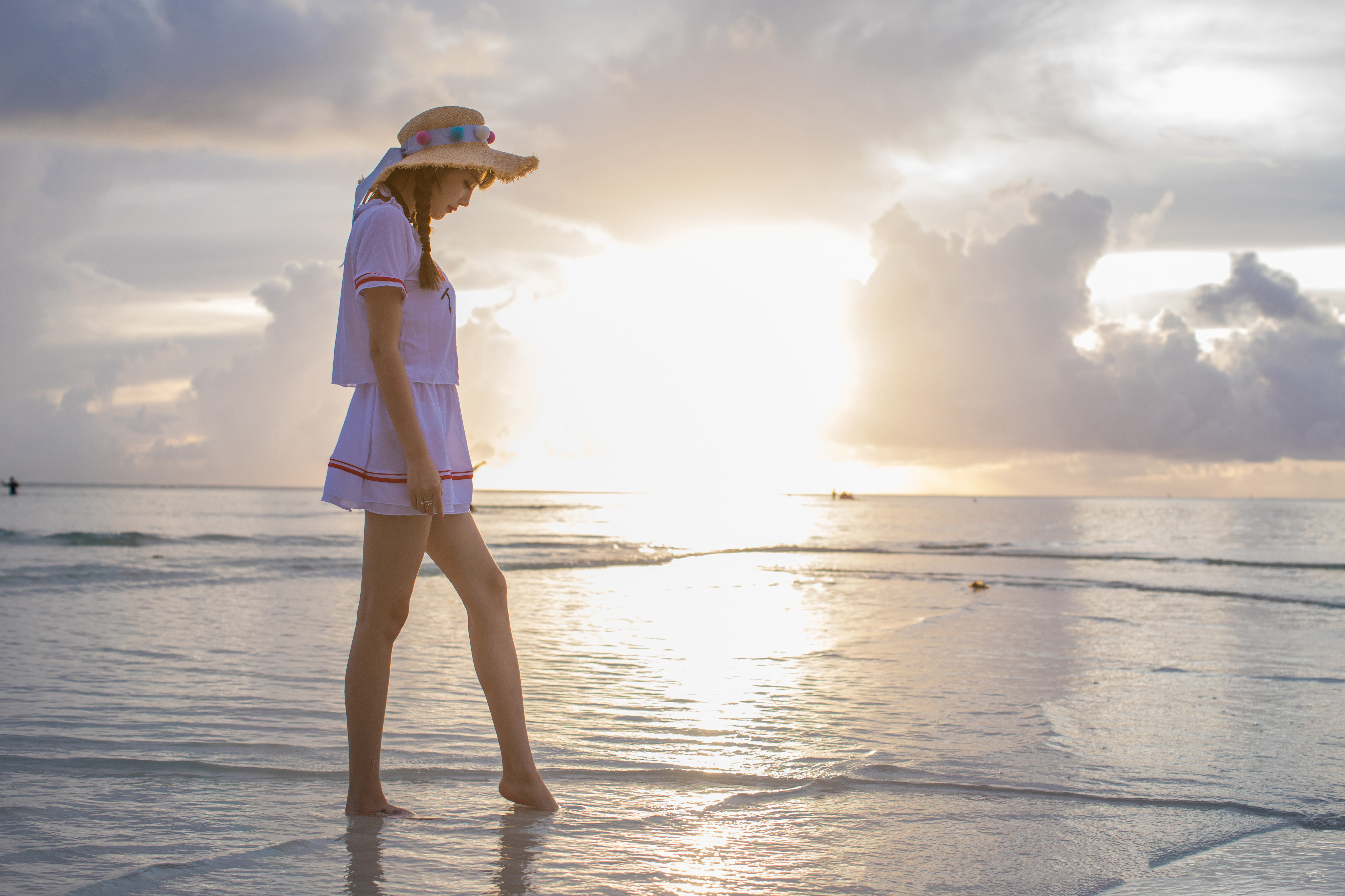 Model Asian Beach Straw Hat French Braided Pigtails Pigtails Women 5400x3600