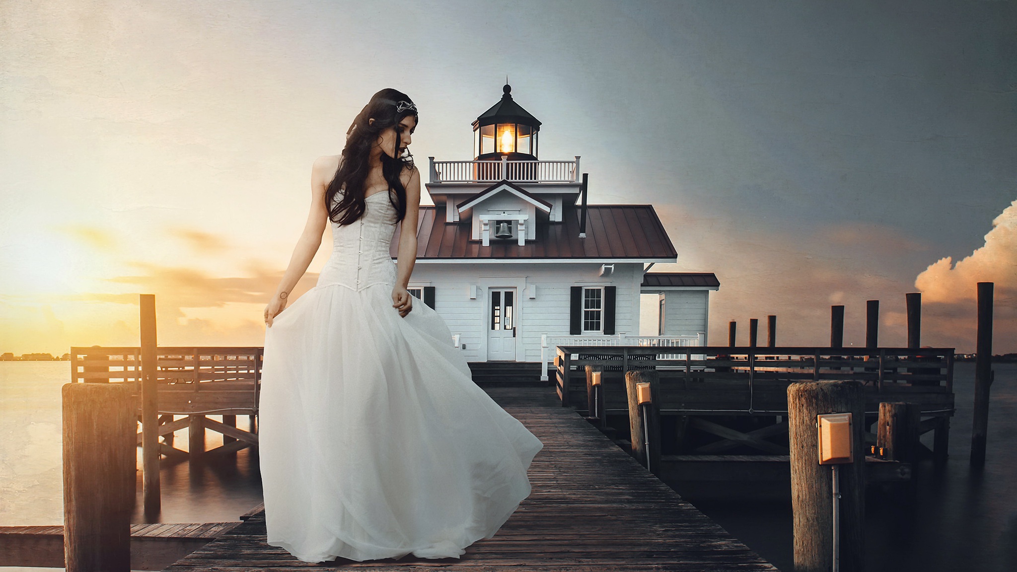 Women Model Pier Brides Dress White Dress White Clothing Women Outdoors Standing Looking Away Sunlig 2048x1152
