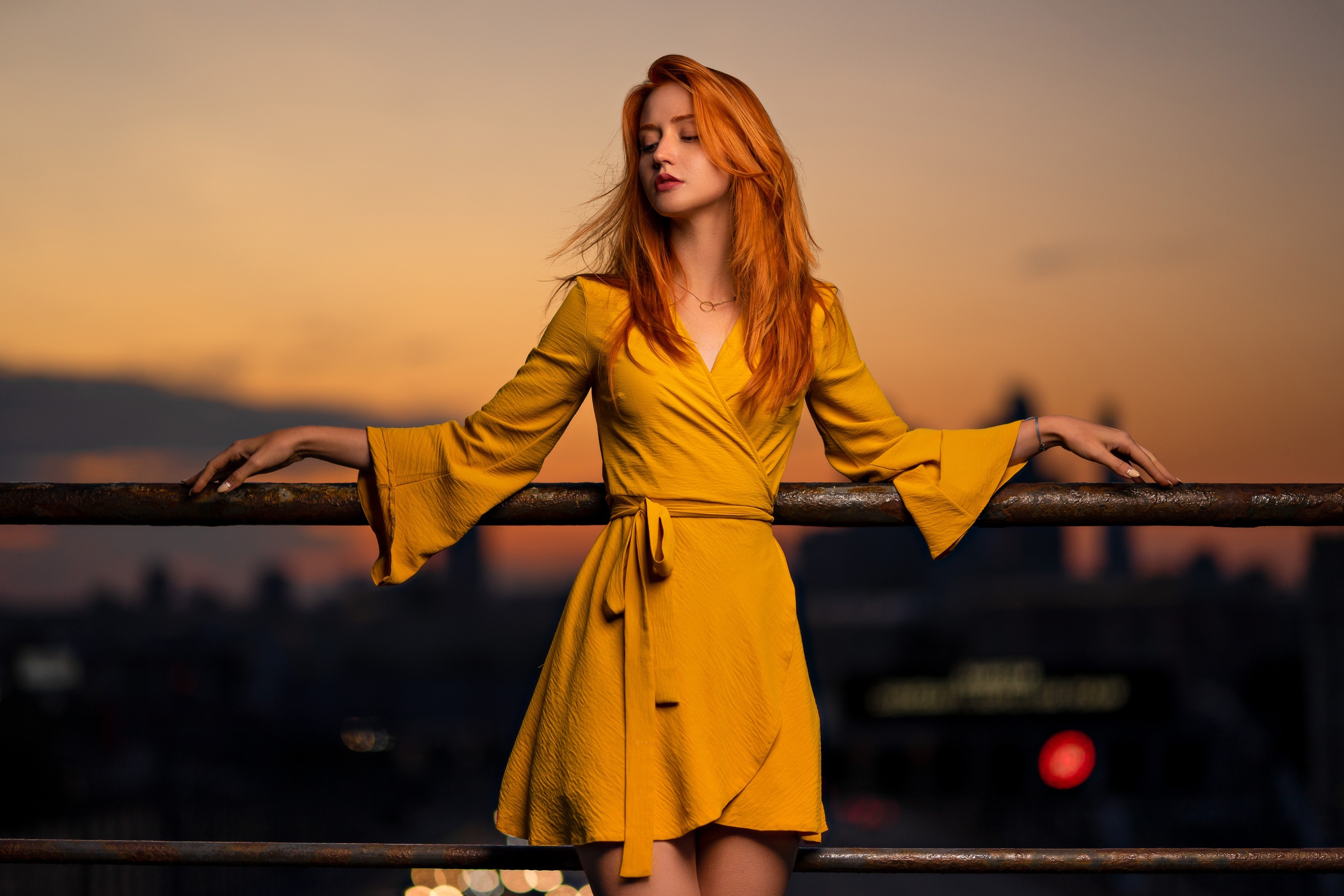Women Model Redhead Standing Long Hair Yellow Clothes Yellow Clothing Looking Away Dress Yellow Dres 2560x1707