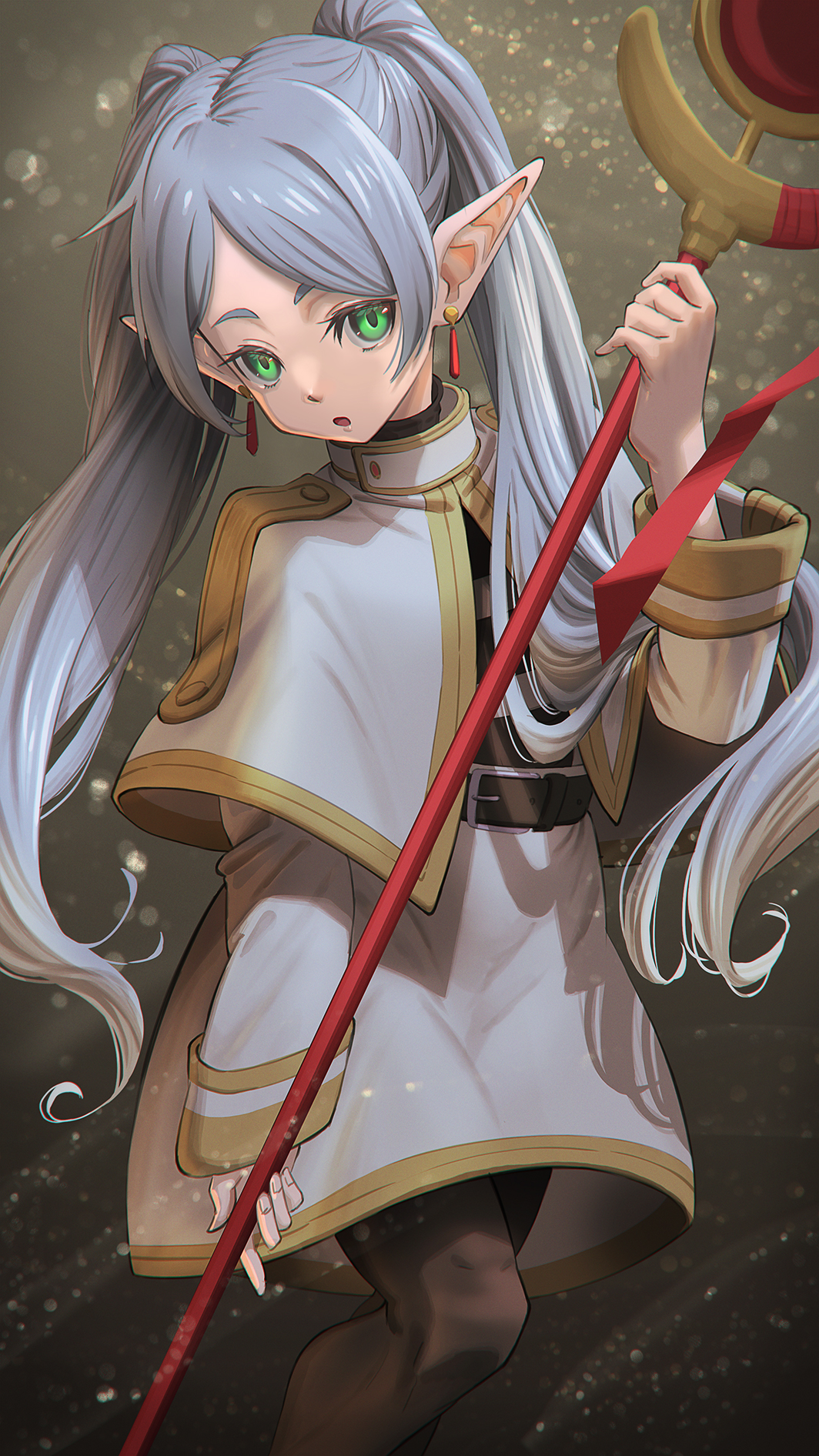 Sousou No Frieren Pointy Ears Elf Ears Staff Robe Wizard Grey Hair Twintails Green Eyes Looking At V 1064x1892