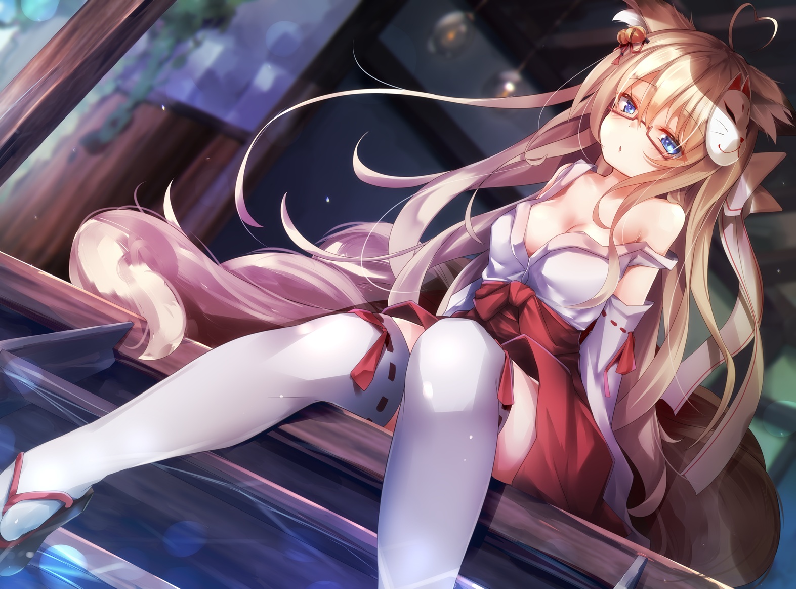 Anime Girls Long Hair Glasses Thigh Highs Blonde Blue Eyes Japanese Clothes Miko Bare Shoulders Fox  1573x1163
