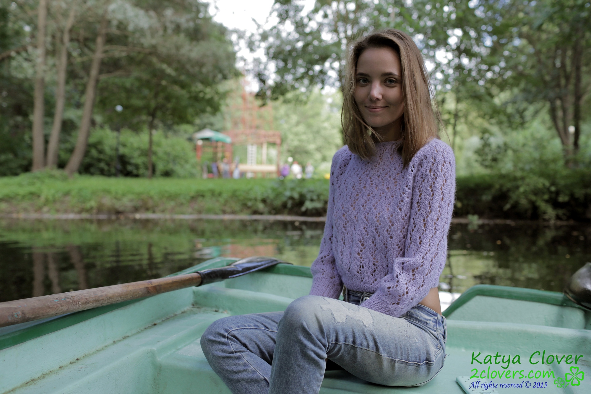Women Model Smiling Russian Women Outdoors Trees Boat Lake Jeans Sweater Women Outdoors 2000x1333