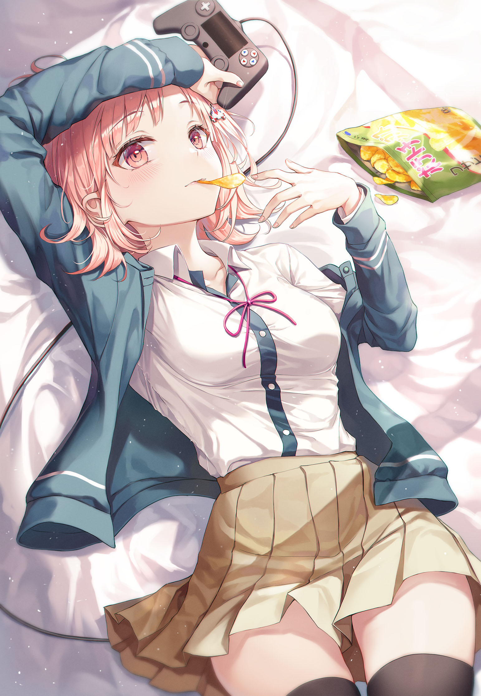 Looking At Viewer Digital Digital Art Anime Anime Girls Lying Down Schoolgirl Skirt Red Eyes Chips E 1544x2235