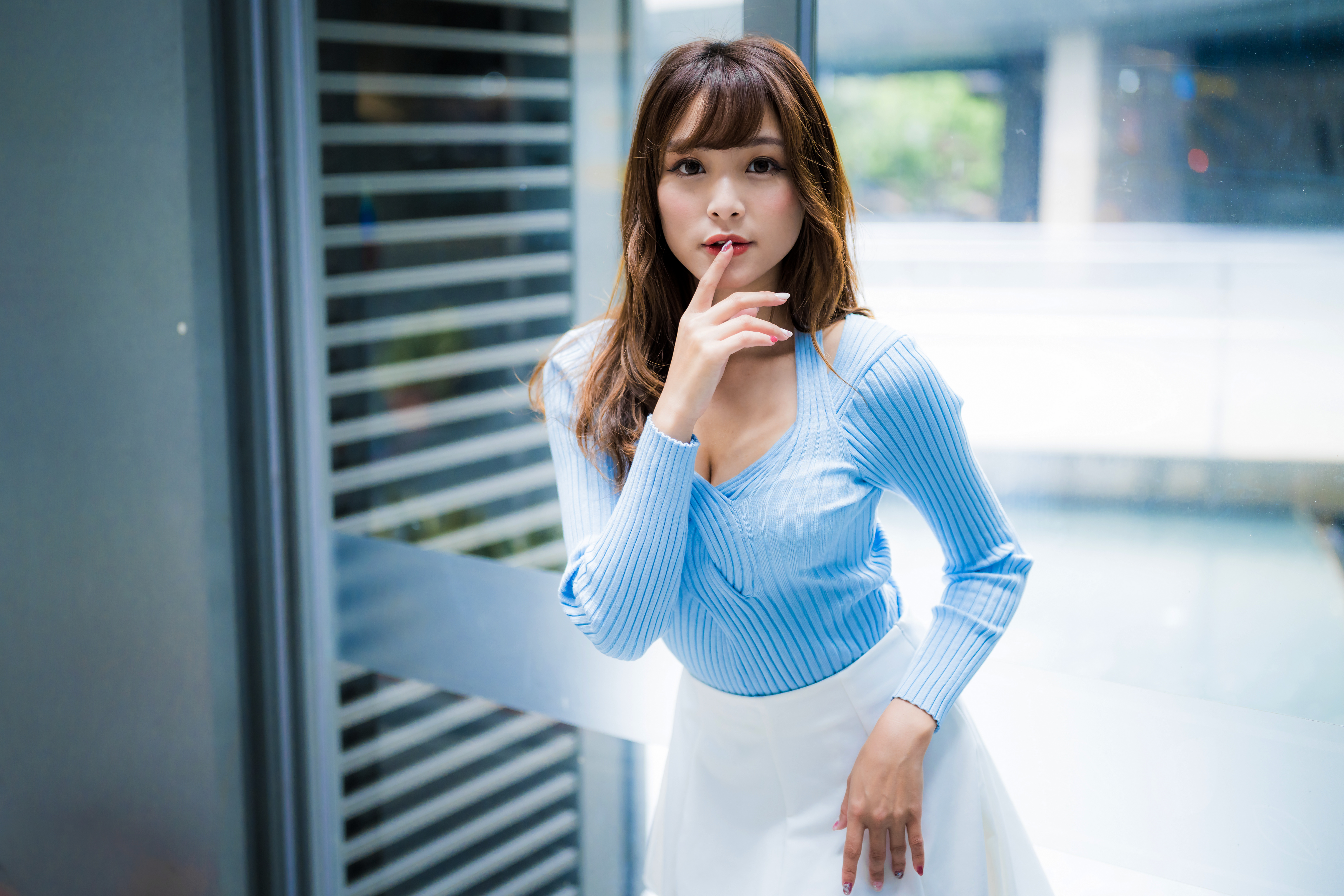 Asian Model Women Long Hair Brunette Depth Of Field White Skirt Blue Shirt Window Finger On Lips 4562x3042